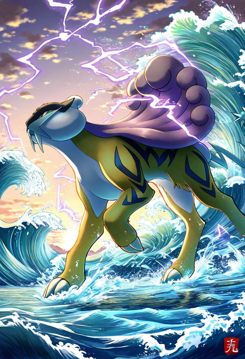 masterpiece, best quality, zzRaikou, full body, outdoors, sky, cloud, water, from side, no humans, claws, electricity, running, motion lines, dramatic motion, waves, splash, ,<lora:RaikouPokedex_IXL_v1:1.0>,