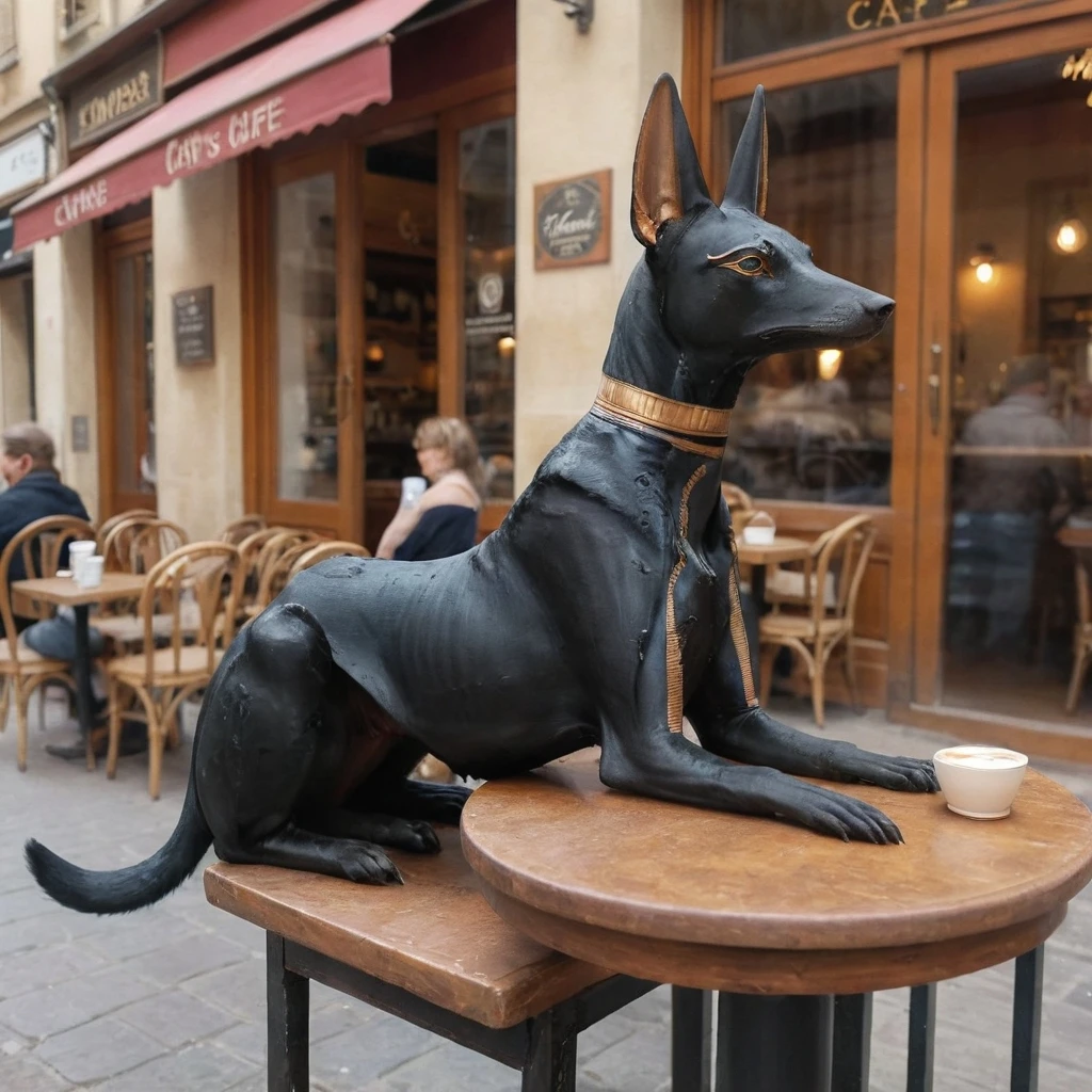 Anubis <lora:Anubis shrine:1> sitting at a french cafe