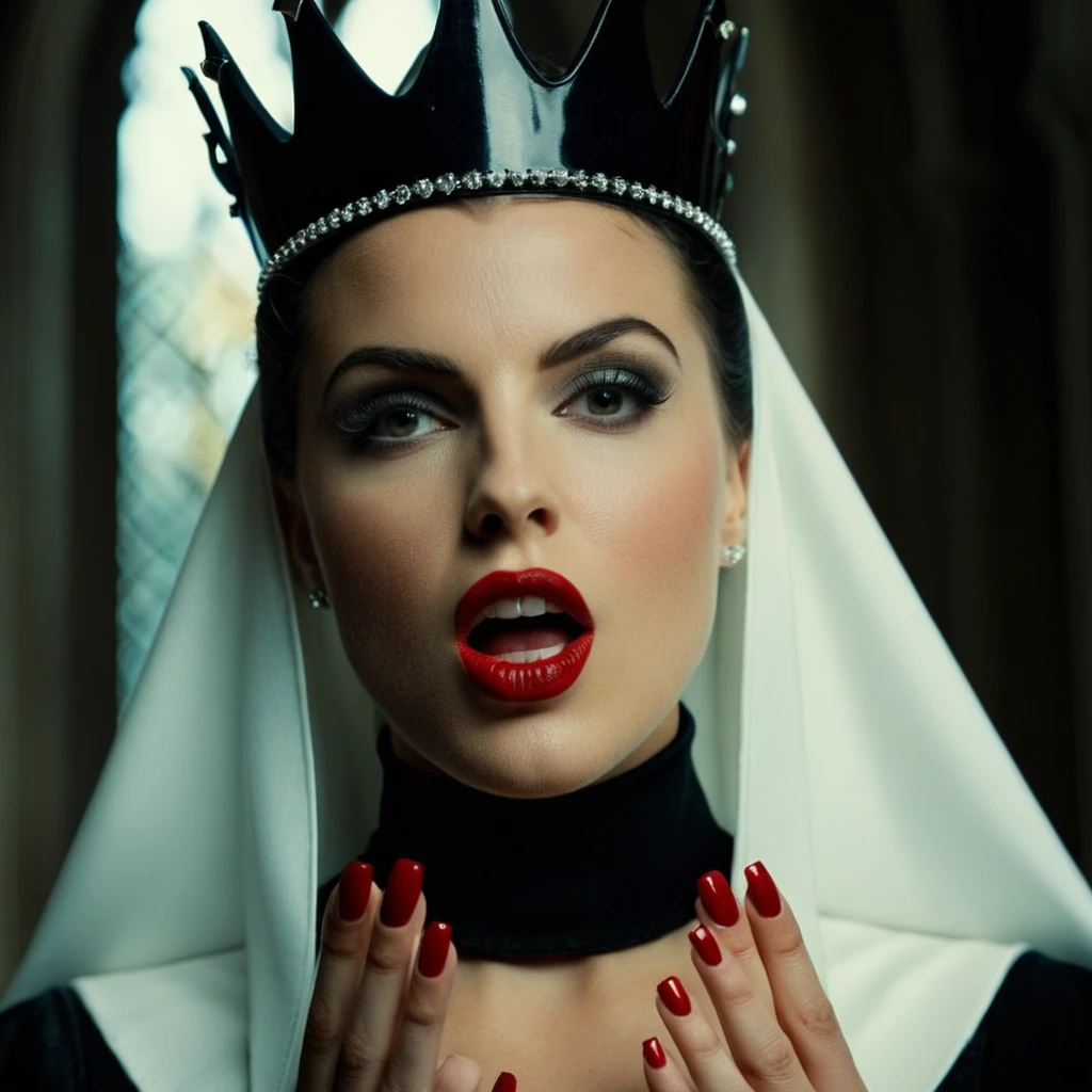 cinematic film still of <lora:Evil Queen illu v1:0.9>
Evil Queen a sinister woman staring to the camera with her mouth open and her polished red nails up while wearing a black crown on top of her head in 1500s 15th century, 1girl, solo, looking at viewer, nail polish, lips, makeup, crown, lipstick, realistic, nun, shallow depth of field, vignette, highly detailed, high budget, bokeh, cinemascope, moody, epic, gorgeous, film grain, grainy