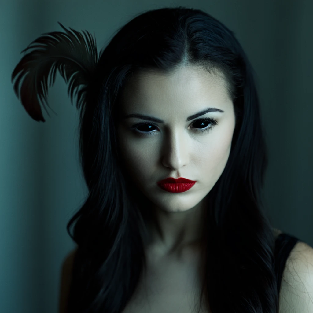 cinematic film still of <lora:black sclera pony v1:1>
a woman with a feather on her head,1girl,solo,long hair,looking at viewer,black hair,black eyes,lips,makeup,lipstick,portrait,realistic,red lips , black sclera, black eyes, dark eyes, hollow eyes, empty eyes, red lips, photography light, shallow depth of field, vignette, highly detailed, high budget, bokeh, cinemascope, moody, epic, gorgeous, film grain, grainy