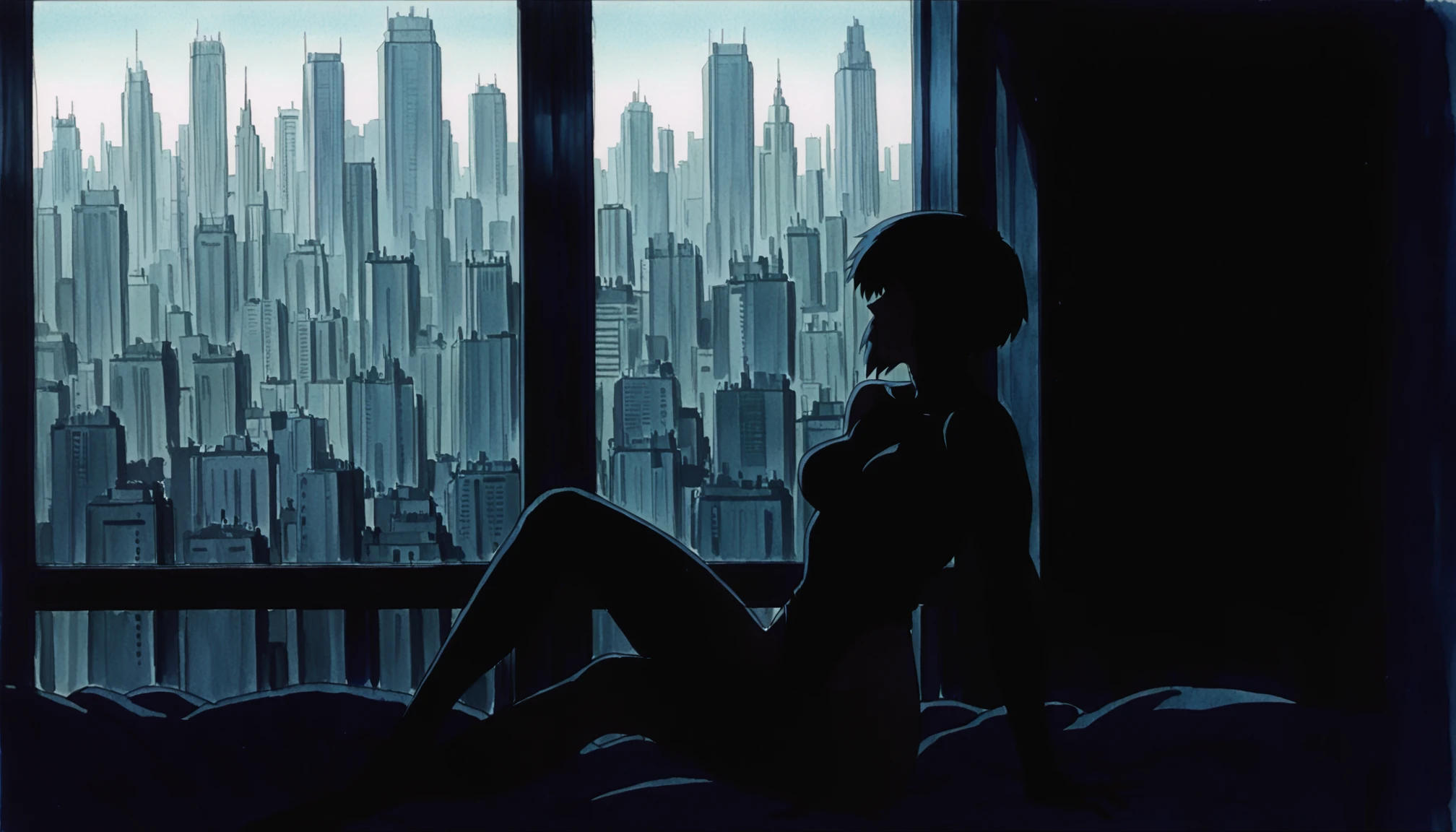 traditional media, highres, masterpiece, 1girl, (kusanagi motoko:0.5),silhouette, highleg leotard, sitting on bed, cityscape, dynamic, cinematic lighting, window, indoors, shadow, detailed, <lora:GITS 1995 Lycoris Illustrious 0.1:0.8>