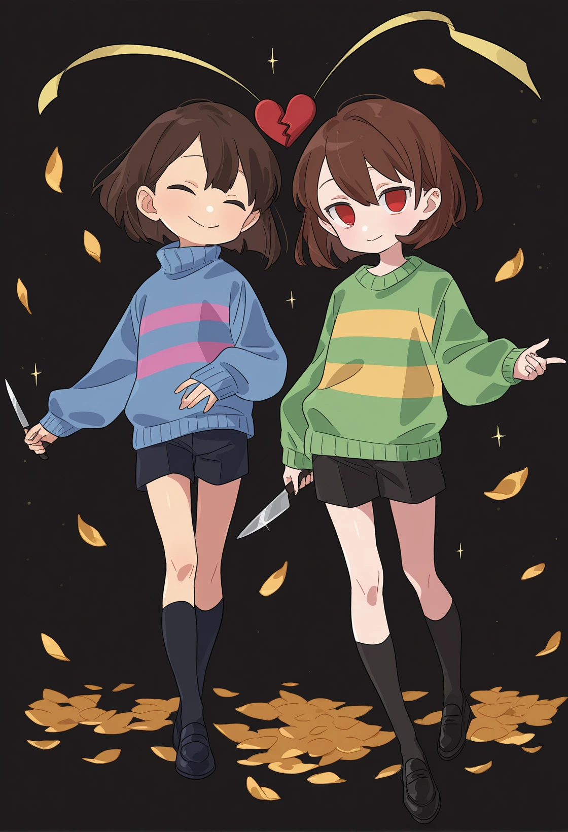 <lora:MCNsZetsuyoM02:1> MCNsZe75uy0M,chara \(undertale\), frisk \(undertale\), 2others, black background, black footwear, black shorts, black socks, blue sweater, bob cut, broken heart, brown hair, closed eyes, closed mouth, deformed, double-parted bangs, falling petals, full body, green sweater, hair behind ear, hair between eyes, heart, holding, holding knife, kneehighs, knife, light particles, long sleeves, looking at viewer, multiple others, no pupils, other focus, petals, pink sweater, red eyes, short hair, shorts, simple background, smile, socks, sparkle, standing, striped clothes, striped sweater, sweater, turtleneck, turtleneck sweater, two-tone sweater, u u, yellow petals, yellow sweater,,,