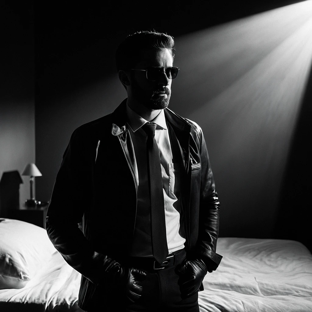 UHD, 4k, ultra detailed, cinematic, a photograph of <lora:Split Lighting style pony v1:1>
Split Lighting Photography of a man standing in a dark room with a bed and split shadow light covering his face,solo,short hair,shirt,gloves,1boy,jacket,monochrome,greyscale,male focus,necktie,facial hair,sunglasses ,realistic , realistic, realism, photorealism, hyperrealism, hyperrealistic, realistic, sharp, detailed, cinematography style, film light style, movie still, professional photography, artistic, perfection, contrast, cinematic, filmic, high quality photo, 8k quality, colorful, partially covered in shadow, dark shadow, split light, side light, Split Lighting Photography style, epic, beautiful lighting, inpsiring