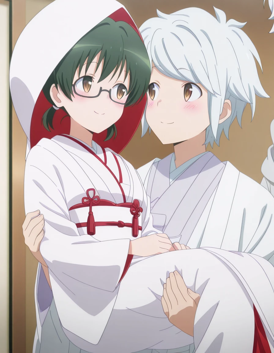 masterpiece, best quality, amazing quality,, <lora:mio-sawada-darkness-illustriousxl-lora-nochekaiser:1>, mio sawada, sawada mio, short hair, green hair, twintails, brown eyes, glasses, semi-rimless eyewear, under-rim eyewear, bespectacled, mature female, small breasts, anime screencap,, <lora:uchikake-illustriousxl-lora-nochekaiser:1>, uchikake, wataboushi, shiromuku, white kimono, hooded kimono, bride, japanese clothes, hood,, <lora:princess-carry-illustriousxl-lora-nochekaiser:1>, princess carry, hetero, carrying, looking at another, smile, blush,, <lora:bell-cranel-s5-illustriousxl-lora-nochekaiser:1>, bell cranel, white hair, short hair,no eyes, 1boy,