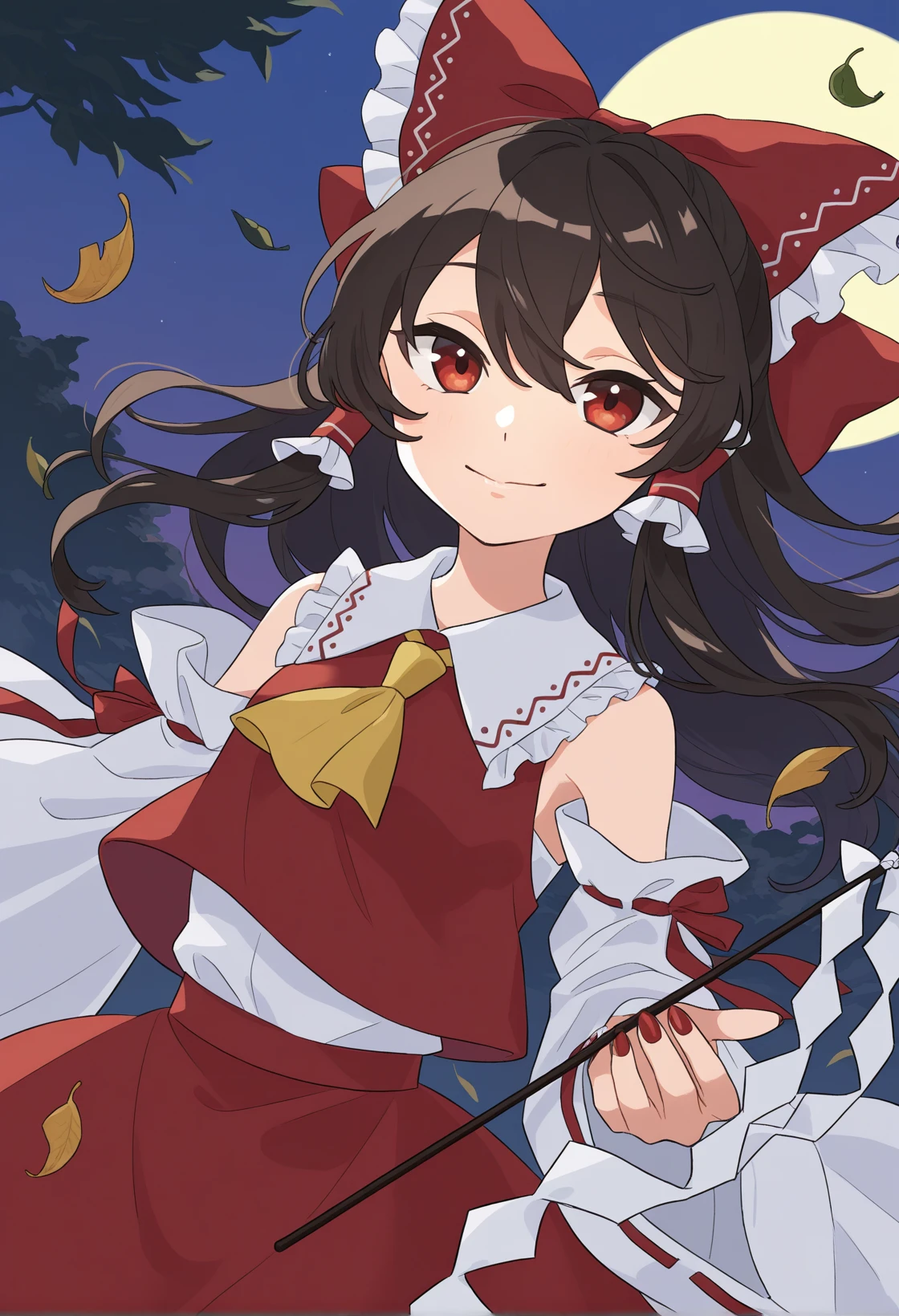 <lora:MCNsZetsuyoM02:1> MCNsZe75uy0M,1girl, hakurei reimu, solo, red eyes, detached sleeves, bow, black hair, red bow, hair bow, ascot, hair tubes, wide sleeves, gohei, skirt, red nails, long hair, yellow ascot, red skirt, smile, frills, hair between eyes, looking at viewer, closed mouth, sidelocks, ribbon trim, ribbon-trimmed sleeves, nail polish, bare shoulders, red shirt, long sleeves, frilled bow, white sleeves, vest, night, falling leaves, moon, outdoors, dutch angle, close-up,
