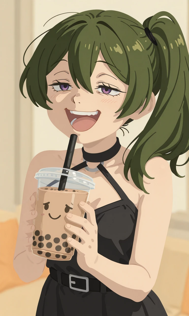 embedding:IllusP0s, g00se, no lineart, bubble tea, holding, laughing, loving, happy, hands together, close-up, ubel_\(sousou_no_frieren\), green hair, purple eyes, halter dress, sleeveless,1girl, solo,<lora:bubble tea friend_illustrious.safetensors:1.0:1.0> <lora:g00se_v3_ill.safetensors:1:1>