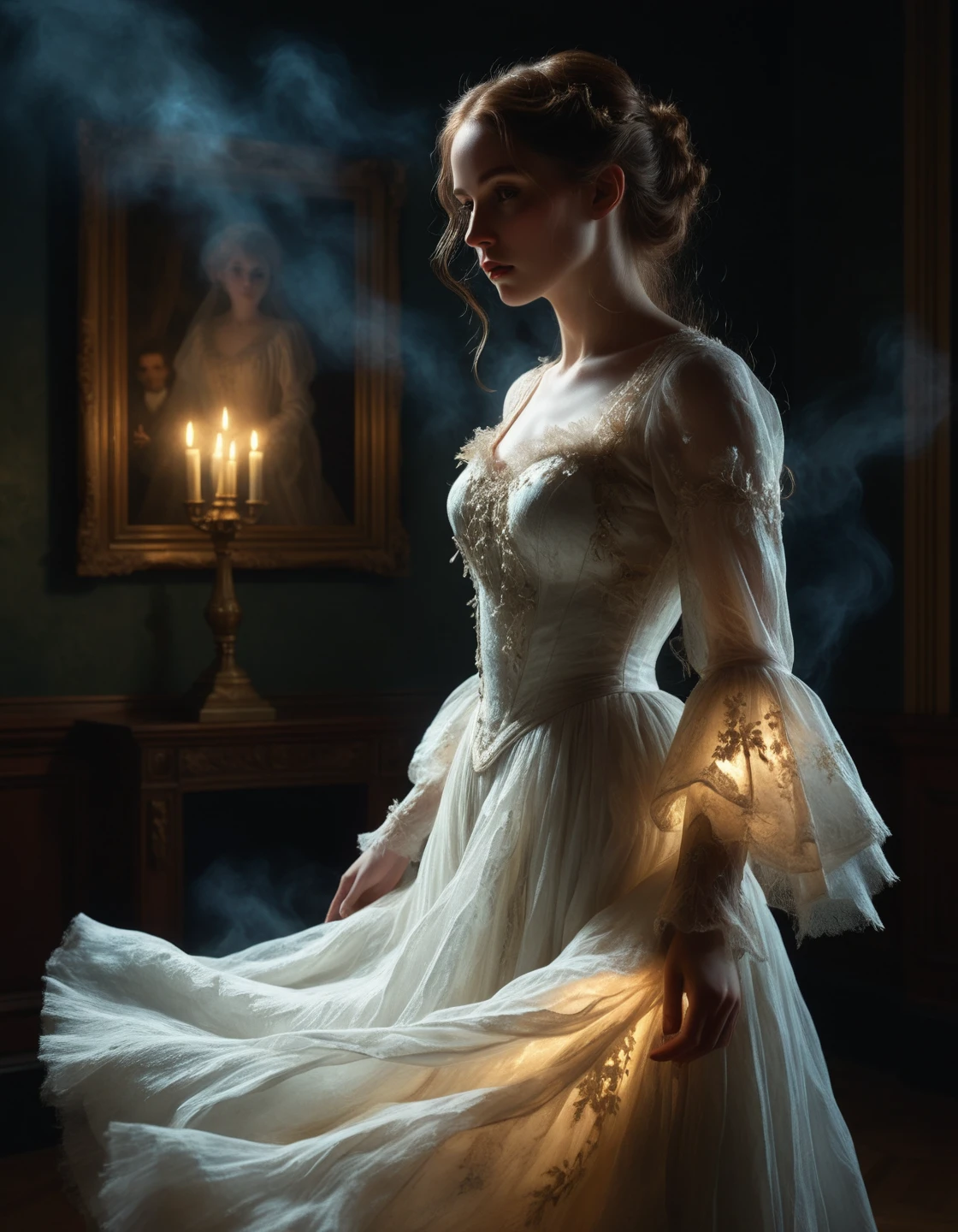 glamour photoshoot of A hauntingly beautiful ghostly figure, illuminated by glowing plasma, emerging from the shadows. Realistic painting style with intricate details and lifelike textures. Inspired by the works of John Singer Sargent and Edgar Degas. Studio lighting creates a dramatic atmosphere for this concept art piece, photorealistic depiction, high quality cinematic shot, intricate details, 8k.,