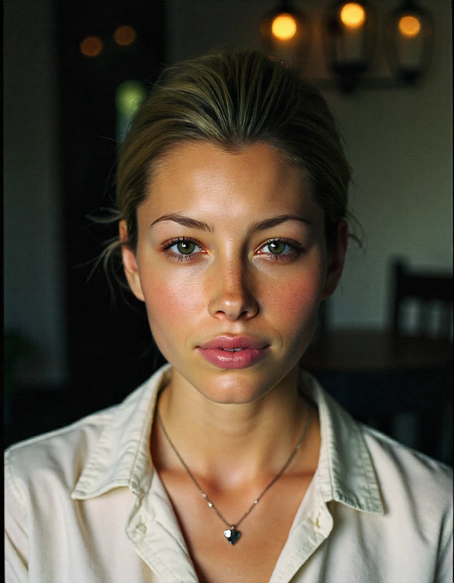 <lora:Jessica_Biel_Ca2002:1> woman Zoomed, Macro Shot, Close-Up, Solo, Alone, Film Still Print, A faded film, desaturated, 35mm photo with a grainy texture, vignette, and vintage aesthetic, reminiscent of Kodachrome or Lomography. The image is stained, highly detailed, and resembles found footage. Water stains and wrinkles and a rip. Pixie Bob Hairstyle Raw Photo, 16mm Film, Black And White Film, Sweet Smile, A Serene And Intimate Portrait, Sits In The Center Of The Frame, Perfect Posture, Directly Facing The Viewer With Their Eyes Locked Onto The Camera, They Wear A Cotton Dress Shirt, Button-Up Top With All But The Topmost Button Fastened, They Also Wear A Heart Necklace, Adding A Touch Of Elegance To Their Overall Appearance, The Soft, Blurred Background And Soft Lighting Create A Cozy Atmosphere, Drawing The Viewer's Attention To The Subject's Expression, The Overall Effect Is One Of Calm And Introspection, Inviting The Viewer To Step Into Their World., Extreme Close-up, Zoomed Shot, Macro Shot, Looking Directly At The Viewer, Centered, Making Eye Contact, Looking Straight Ahead, Looking Forward, Centered in the Frame, Staring at the Viewer, Looking at the Camera, <lora:zz_s_Chest_Size_Slider:-2> buttoned up top