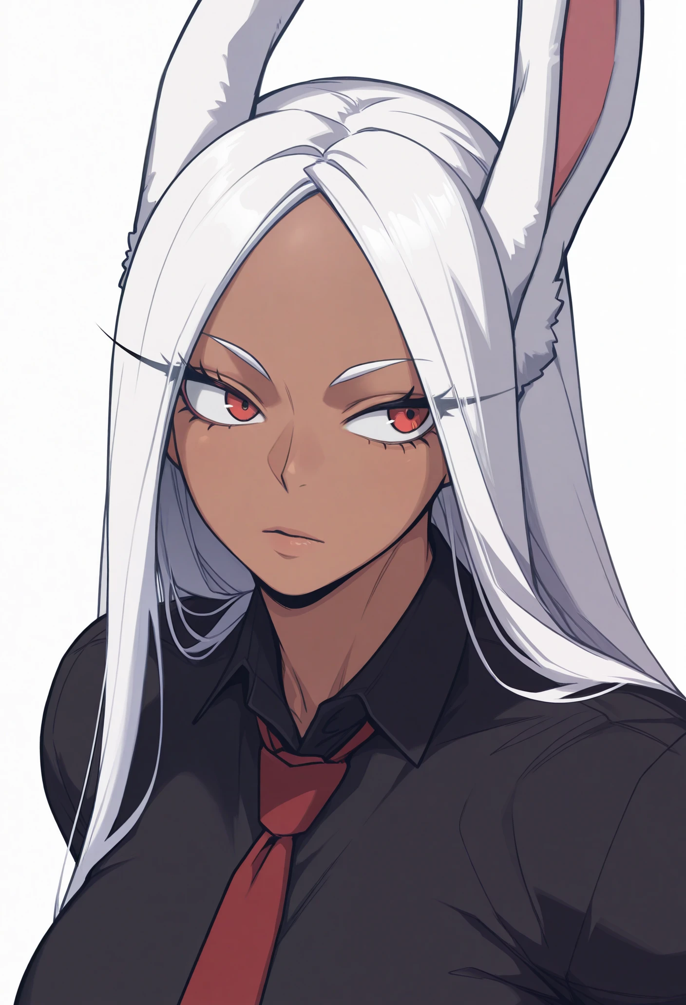1girl, solo, collared shirt, red necktie, black shirt, 
dark-skinned female, muscular female, rabbit ears, rabbit girl, white hair, red eyes, long hair, long eyelashes, parted bangs, 
masterpiece, best quality, <lora:studygroup-guy90-Illust-Lorav101:1>, puouts, <lora:mirko-guy90-Illust-LoraV1:1>, okrim