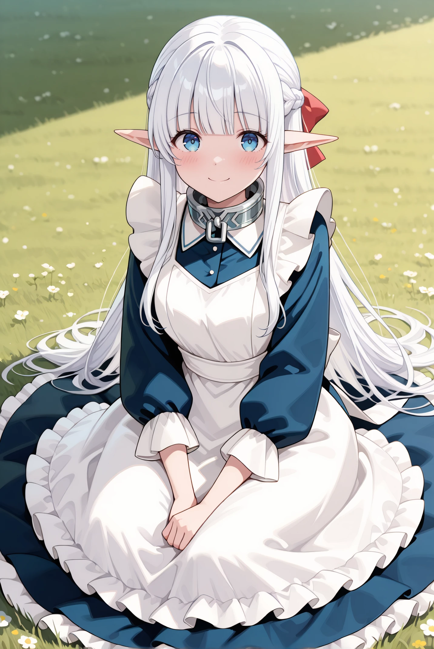masterpiece, best quality, very aesthetic, absurdres, ultra-detailed, highly detailed, shiny skin, wind lift, blush, (long dress:1.2), full body,
meadow, wind, outdoors, smile, looking at viewer, sitting, on grass,
<lora:Nephelia-08:1> nephelia, 1girl, long hair, white hair, braid, pointy ears, french braid, elf, blue eyes, ribbon, apron, sidelocks, dress, bow, hair ribbon, maid, hair bow, frills, blunt bangs, blue dress, white apron, collar, red bow, metal collar,
<lora:illustrious_noobai_epsilon_pred_11_very_aesthetic_v1_1029791:1>
(lazypos:0.7)