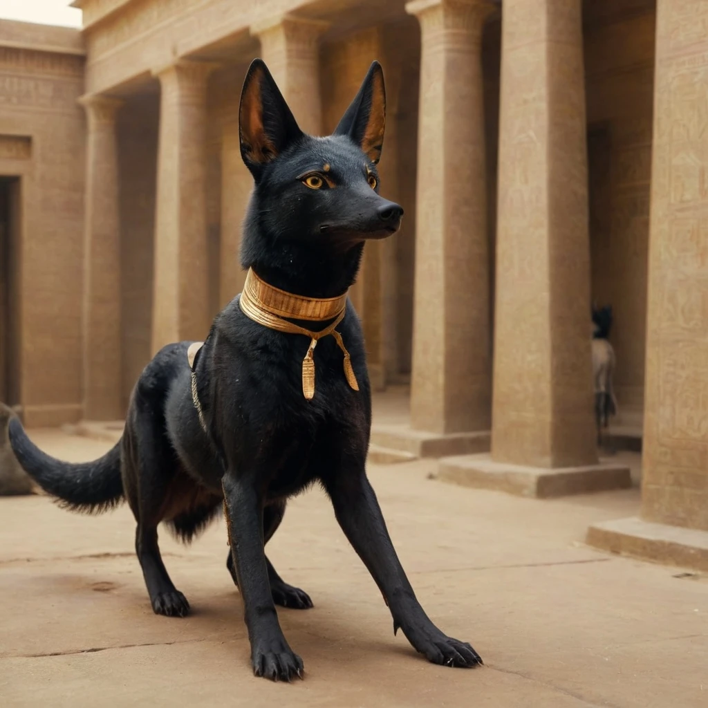 Anubis <lora:Anubis shrine:1> black (wolf jackal:1.4) <lora:betterWolf:1> walking into an egyptian temple, wearing a gold collar