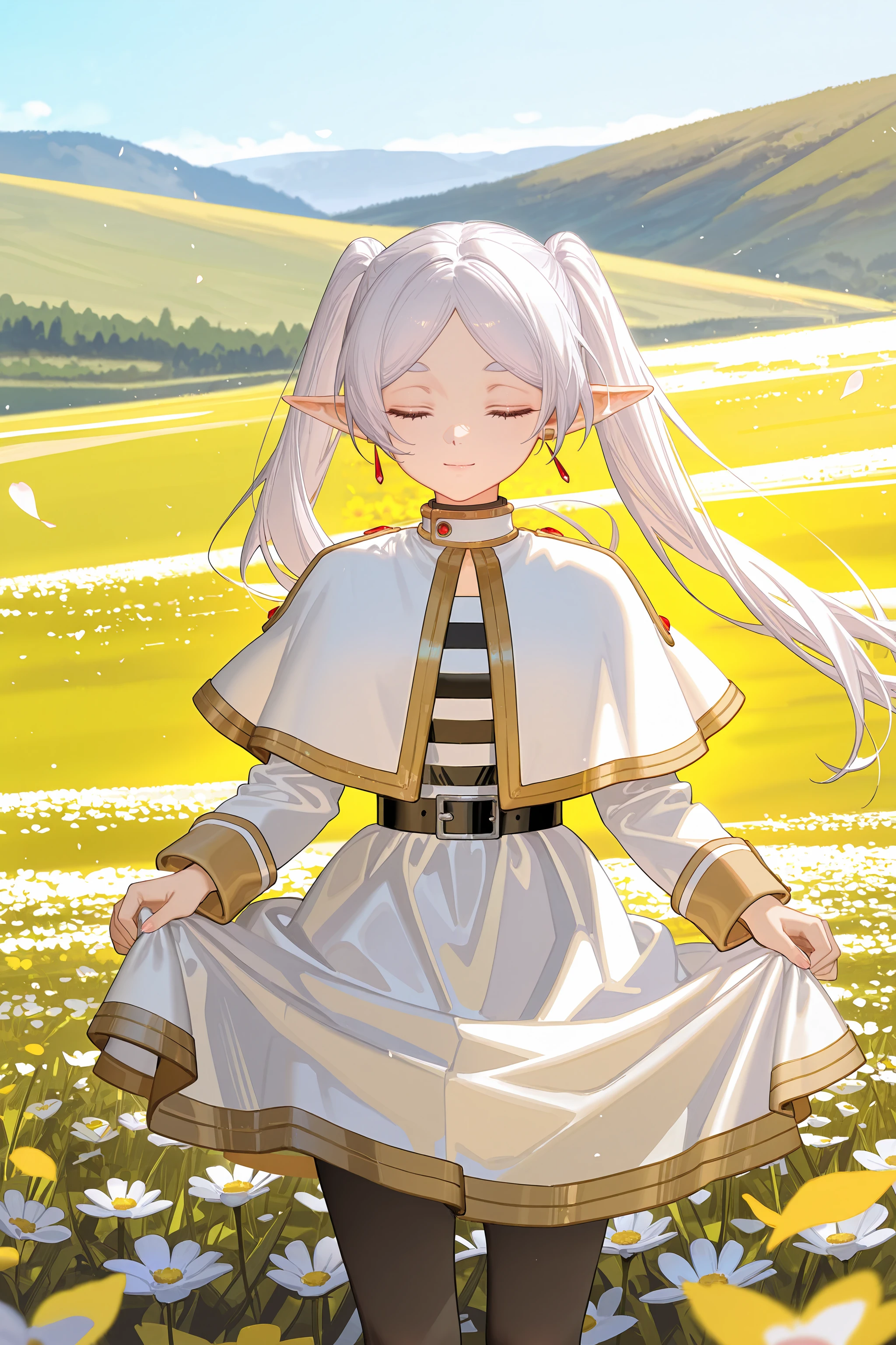 1girl, frieren, solo, twintails, earrings, black pantyhose, black belt, capelet, white skirt set, striped shirt, white jacket, cowboy shot, (curtsey, skirt hold), floating hair, petals, flower field, scenery, outdoors, depth of field, ecstasy, gasping, light smile <lora:Char-Frieren-IL-V1:0.8:hr=0.6>, ciloranko, alphonse \(white datura\), ask \(askzy\), gomzi, you shimizu
masterpiece, best quality, amazing quality, very aesthetic, absurdres, newest, (scenery, volumetric lighting), ray tracing, (bloom:1.4), cinematic