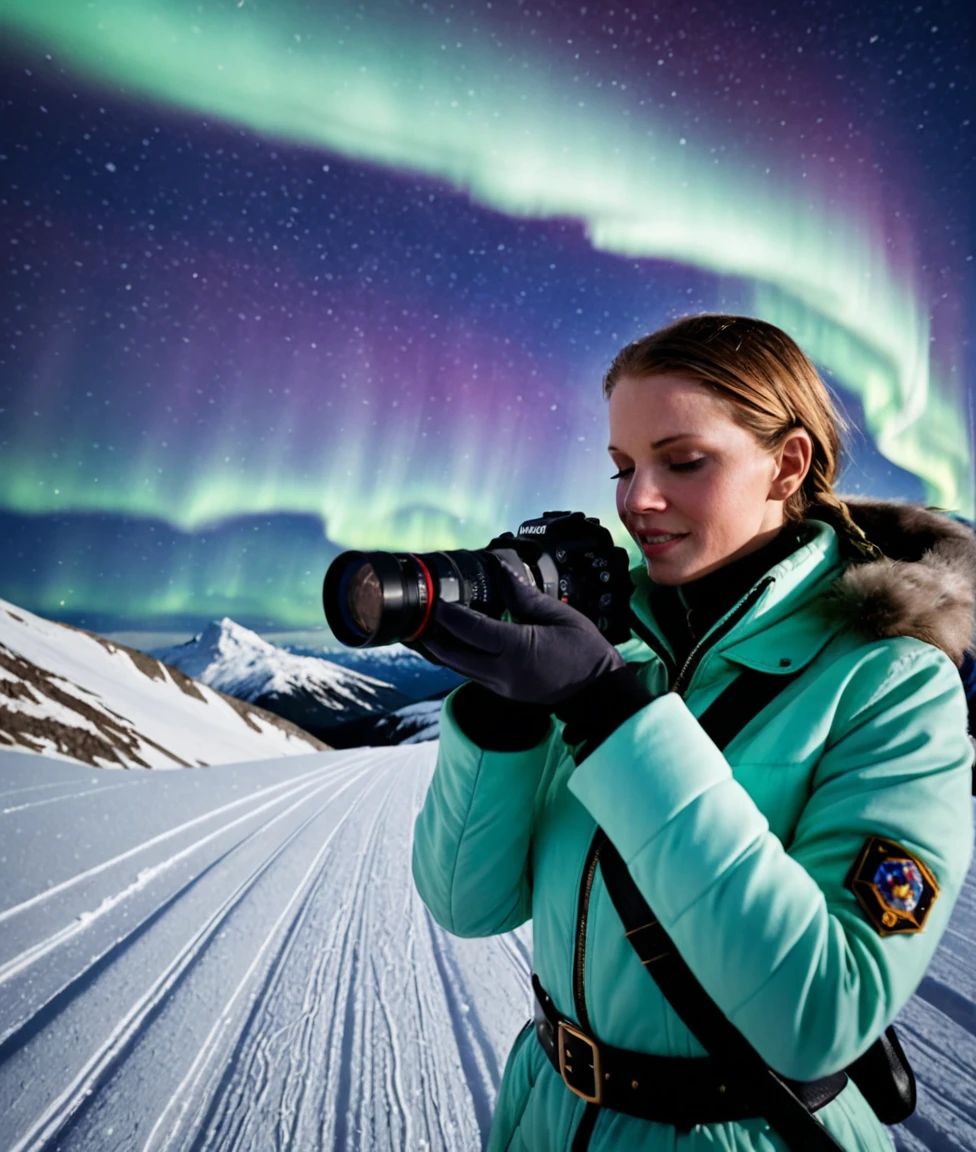 In this breathtaking scene, the award-winning photographer Hayley, armed with her artistic vision, captures a hauntingly beautiful woman in a blustering snowstorm where ice glitters on her face like tears of diamonds. As she adjusts her camera settings to f/8 and uniform focus, the leading lines of the icy landscape guide viewers through this surreal aesthetic inspired by dadaism and celestial skies, tinted with mint green and ash gray hues. The hantu garpu subject's gaze is fixed on Hayley, capturing her own emotion in the midst of the wintry chaos - a testament to their shared passion for art and creating unforgettable visual experiences.