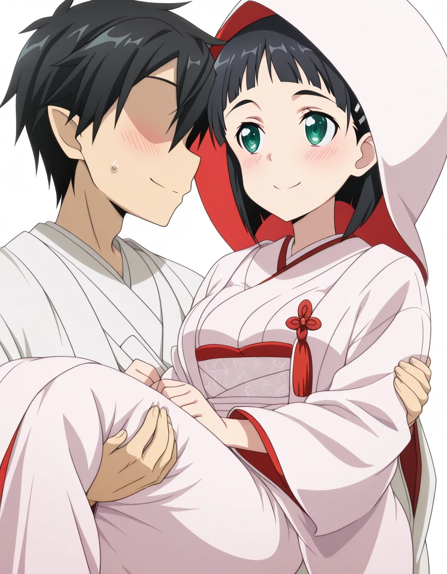 masterpiece, best quality, amazing quality,, <lora:suguha-kirigaya-s1-illustriousxl-lora-nochekaiser:1>, suguha kirigaya, short hair, black hair, hair ornament, hairclip, green eyes, mature female, breasts, anime screencap, <lora:uchikake-illustriousxl-lora-nochekaiser:1>, uchikake, wataboushi, shiromuku, white kimono, hooded kimono, bride, japanese clothes, hood,, <lora:princess-carry-illustriousxl-lora-nochekaiser:1>, princess carry, hetero, carrying, looking at another, smile, blush,, <lora:kirito-illustriousxl-lora-nochekaiser:0.7>, kirito, 1boy, black hair,no eyes,,