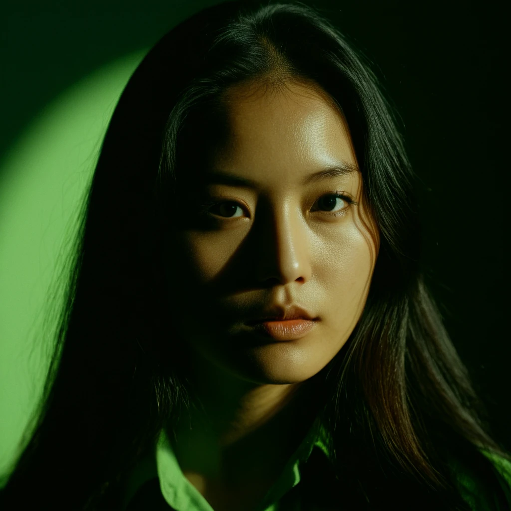 cinematic film still of <lora:Rembrandt Lighting style illu v1:1>
In Rembrandt Lighting style a Chinese woman with long hair and a green shirt, partially covered in shadows, Rembrandt shadow style, cinematic face shadow style, nose shadow, movie themed, sharp, detailed, epic cinematic photography, artistic creative style, dramatic chiaroscuro light, cinematic chiaroscuro color style, skin tone film style, Kodak, 35 mm film style, widescreen, cinematography technique style, Rembrandt Lighting style, 1girl, solo, long hair, looking at viewer, shirt, black hair, upper body, mole, black eyes, lips, mole under eye, realistic, asian, brown hair, closed mouth, shadow, portrait, green shirt
, shallow depth of field, vignette, highly detailed, high budget, bokeh, cinemascope, moody, epic, gorgeous, film grain, grainy