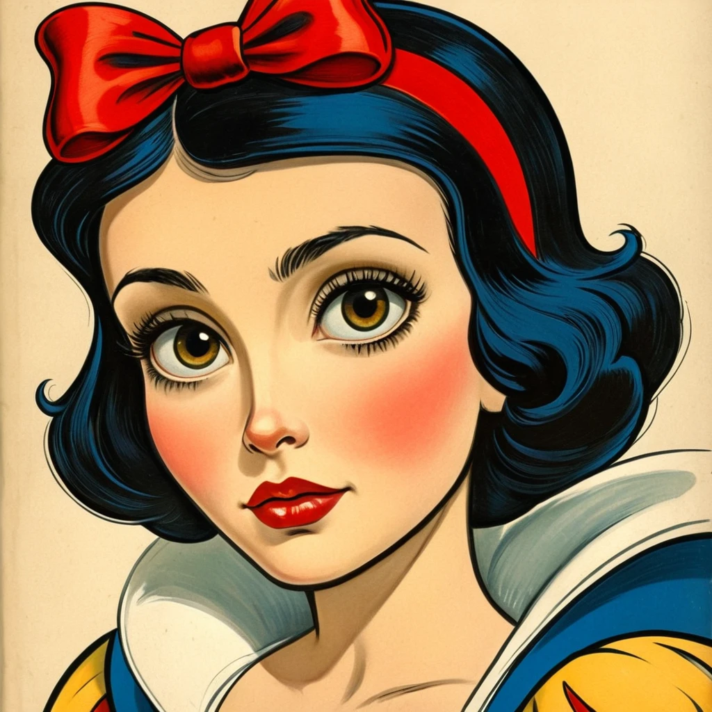 1920s commercial illustration of <lora:Snow White illu v1:0.5>
Snow White a closeup cartoon snow white with a red bow and very big cartoon eyes staring at camera In 1500s 15th Century with big eyes staring at camera, magazine cover illustration from the 1920's, exaggerated realism, a hint of caricature