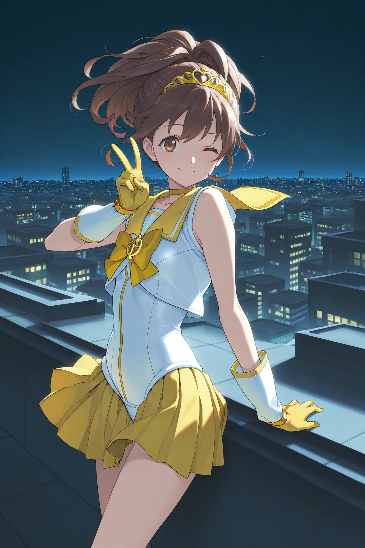 masterpiece, best quality, 1girl, solo, <lora:senomiyaakiho-illu-nvwls-v1-000006:1> snmak, brown hair, short ponytail, brown eyes, white leotard, yellow sailor collar, yellow skirt, pleated skirt, miniskirt, magical girl, tiara, wink, smile, peace sign, yellow gloves, night sky, cityscape, rooftop
