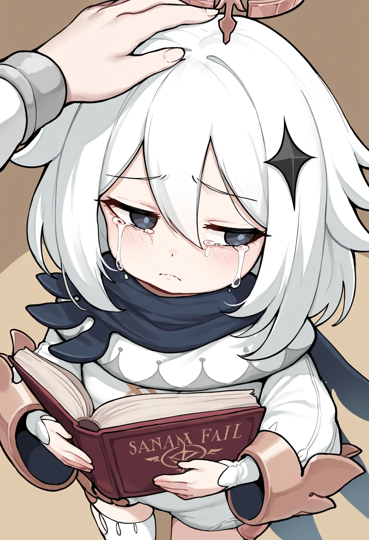 masterpiece, best quality, amazing quality, very aesthetic,absurdres, high resolution, <lora:Book_and_boobs_pose-12:0.8> BBtrend,upper body, book, open book, holding book, covering breasts, <lora:PaimonIL_character:1> PaimonwaifuIL, solo, long sleeves, hair ornament,dress, wide sleeves, white dress, scarf, cape, halo, single thighhigh, asymmetrical legwear, star hair ornament, uneven legwear, blue scarf, blue cape, white romper, white bodysuit, flat chest, meme, sad, breast envy, looking to the side, from above, crying, headpat, pov hand