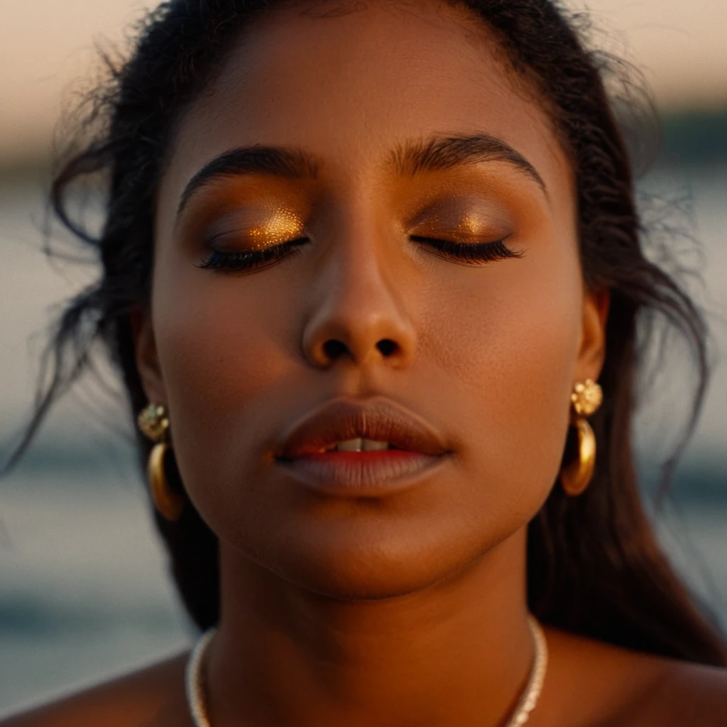 cinematic film still of <lora:warm light style pony v1:1>
3200k, A beautiful cinematic warm light scene of a brown skin woman with her eyes closed and her eyes closed, golden hour, movie themed, sharp, detailed, epic cinematic photography cinematography style, artistic, dramatic light, cinematic color style, Kodak, 35mm film style, 3200k lighting style, warm light style, solo, black hair, 1boy, jewelry, closed eyes, male focus, earrings, mole, lips, piercing, ear piercing, portrait, close-up, realistic, closed mouth, nose, photorealistic, blurry, half-closed eyes, brown hair, wings, facial hair, stud earrings, shallow depth of field, vignette, highly detailed, high budget, bokeh, cinemascope, moody, epic, gorgeous, film grain, grainy