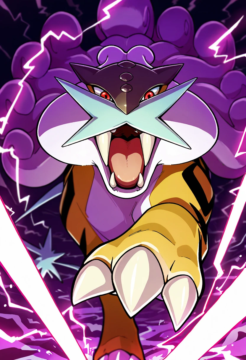 masterpiece, best quality, zzRaikou, looking at viewer, open mouth, red eyes, blurry, no humans, fangs, claws, mustache, electricity, tusks ,<lora:RaikouPokedex_IXL_v1:1.0>,