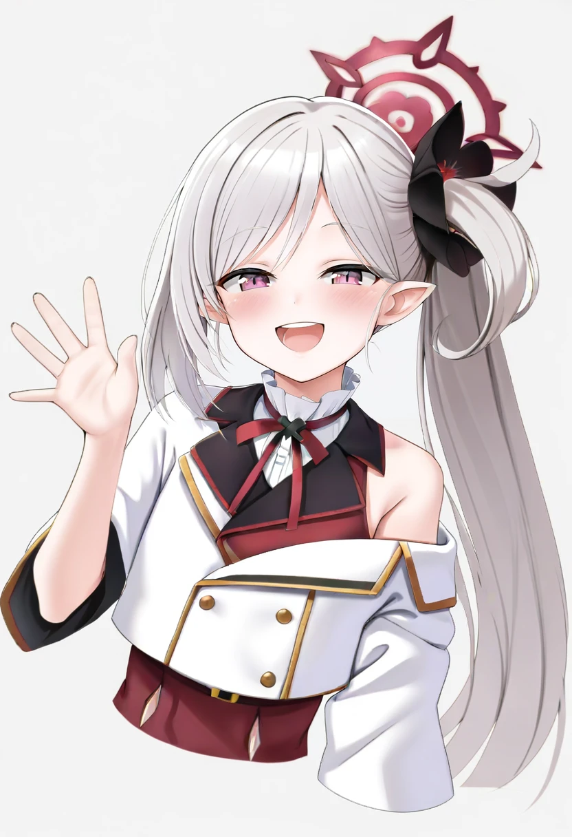 1girl,mutsuki \(blue archive\),blue archive,black shirt,blue eyes,cropped shirt,dress,grey hair,half-closed eyes,halo,hand up,long hair,looking at viewer,neck ribbon,open mouth,red dress,red eyes,red halo,red ribbon,ribbon,shirt,side ponytail,simple background,smile,solo,white background,hair scrunchie,cropped torso,sidelocks,off shoulder,upper body,:d,buttons,frilled dress,short dress,frills,flower,blush,pointy ears,black ribbon,black flower,jacket,scrunchie,bare shoulders,collared shirt,waving,sleeveless,very long hair,hair ornament,white jacket,cosplay,sleeveless dreemurr \(cosplay\) <lora:casinoepXL_il_lokr_V6311P:0.95>