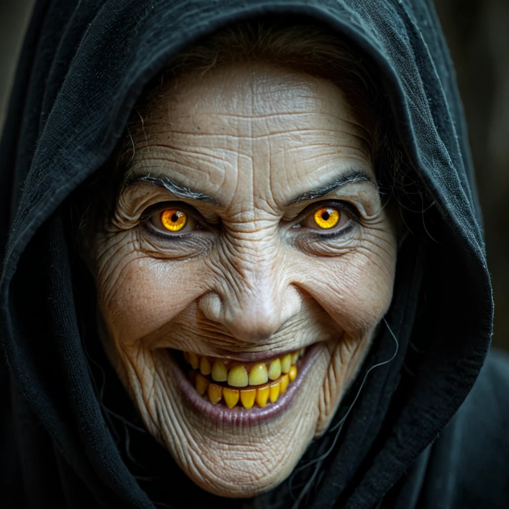 Dark Fantasy Art of <lora:Evil Queen illu v1:0.9>
Wicked Witch an extreme closeup shot of a creepy looking old evil witch woman in a hoodie with yellow glowing eyes smilin while staring at camera with rusty white teeth 1500s 15th century, solo, looking at viewer, smile, black hair, 1boy, yellow eyes, male focus, teeth, grin, lips, portrait, close-up, realistic, glowing yellow eyes, wicked smile, old woman, wrinkles
, dark, moody, dark fantasy style