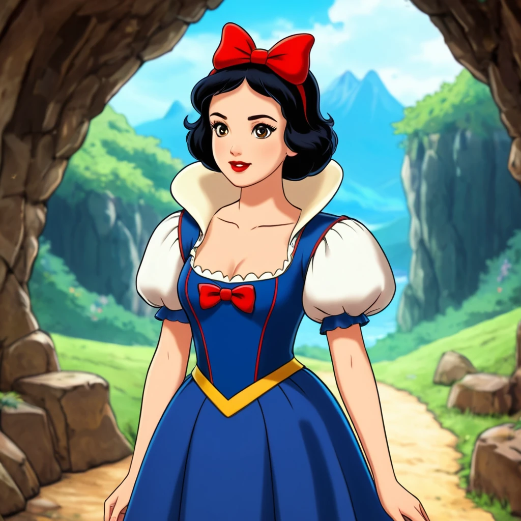 anime artwork of <lora:Snow White pony v1:0.9>
Snow White a classic cartoon red lips snow white is standing inside a cave In 1500s 15th Century, 1girl, solo, short hair, skirt, black hair, dress, bow, brown eyes, short sleeves, hair bow, hairband, parted lips, puffy sleeves, blurry, cape, red bow, puffy short sleeves, looking to the side, blurry background, puff and slash sleeves
, anime style, key visual, vibrant, studio anime, highly detailed