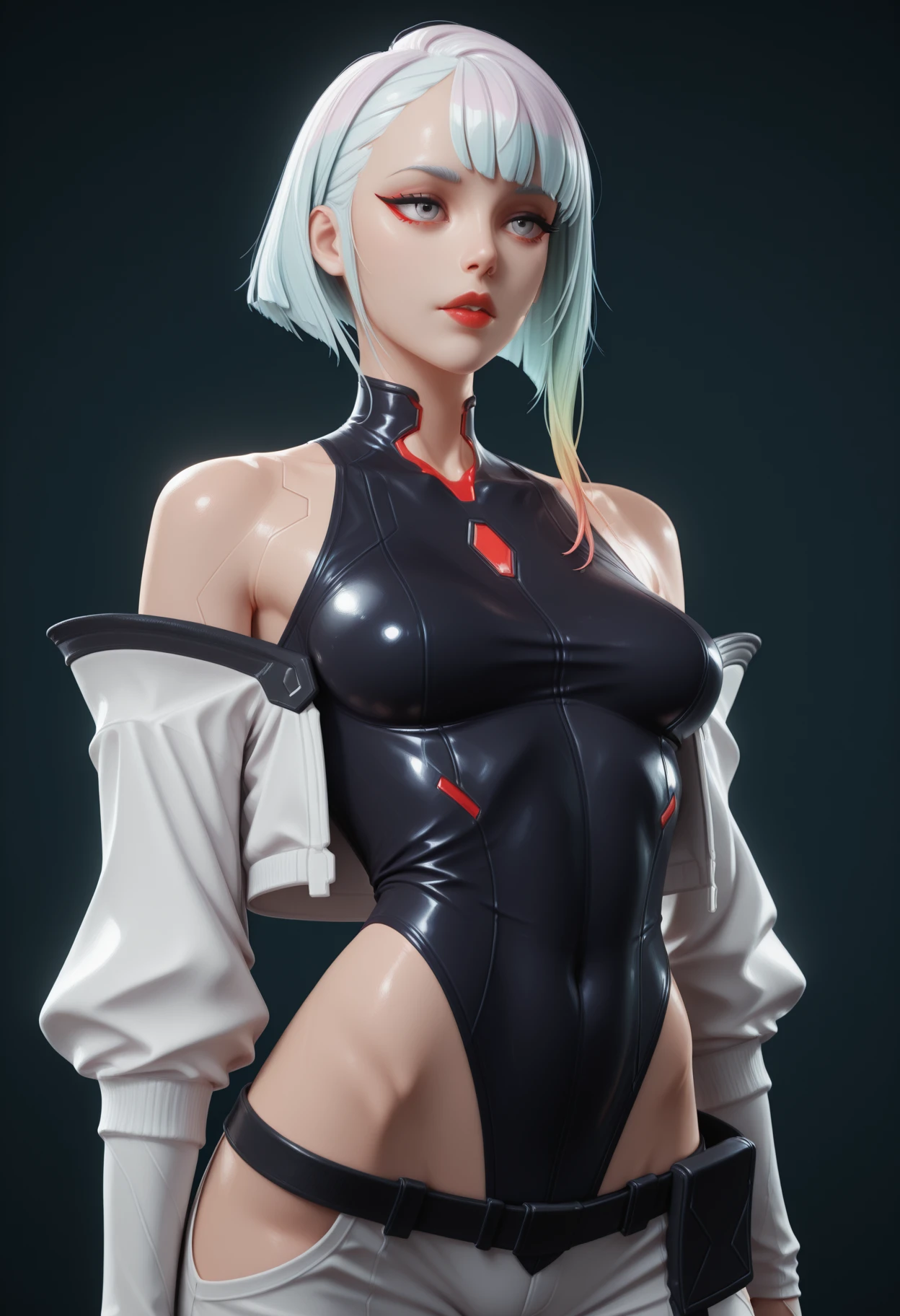 (((Young White Woman))), ((Best Quality)), ((Masterpiece)), (Detail: 1.4), 3D, A Beautiful Cyberpunk Woman with Simon Bisley-style micro thong, Genesis evangelion neon style clothing, 2-piece clothing, Long silver hair, arm tatoo, cybernetic hands, pastel, Centered, scale to fit the dimensions, nffsw (High dynamic range),Ray tracing,NVIDIA RTX,Hyper-Resolution,Unreal 5,Subsurface Dispersion, PBR Texture, Post-processing, Anisotropy Filtering, depth of fields, Maximum clarity and sharpness, Multilayer textures, Albedo and specular maps, Surface Shading, accurate simulation of light and material interactions, Perfect proportions, Octane Render, Two-tone lighting, Wide aperture, Low ISO, White Balance, thirds rule, 8K Raw, Crysisnanosuit,loraeyes,nijistyle,pantyhose, freckles, nsfw, sexual pose ,High detailed, 300dpi, (((pride smile))), Blue eyes