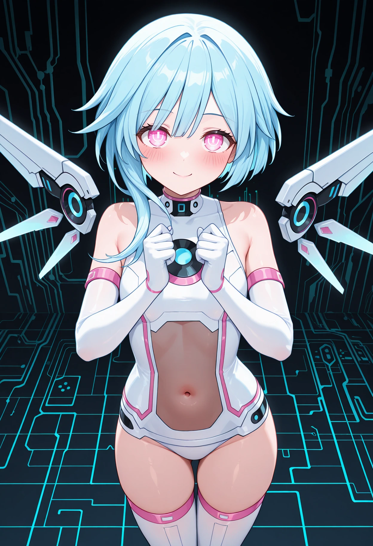 1girl, solo, android, blue, antennae, pointy ears, upper body, medium hair, <lora:disgaeastyle:1>