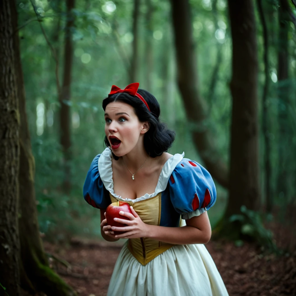 cinematic film still of <lora:Snow White pony v1:0.9>
Snow White a medium shot of a surprised young woman dressed in a snow white costume in the woods In 1500s 15th Century, 1girl, solo, open mouth, black hair, dress, bow, jewelry, short sleeves, earrings, puffy sleeves, puffy short sleeves, realistic
, shallow depth of field, vignette, highly detailed, high budget, bokeh, cinemascope, moody, epic, gorgeous, film grain, grainy