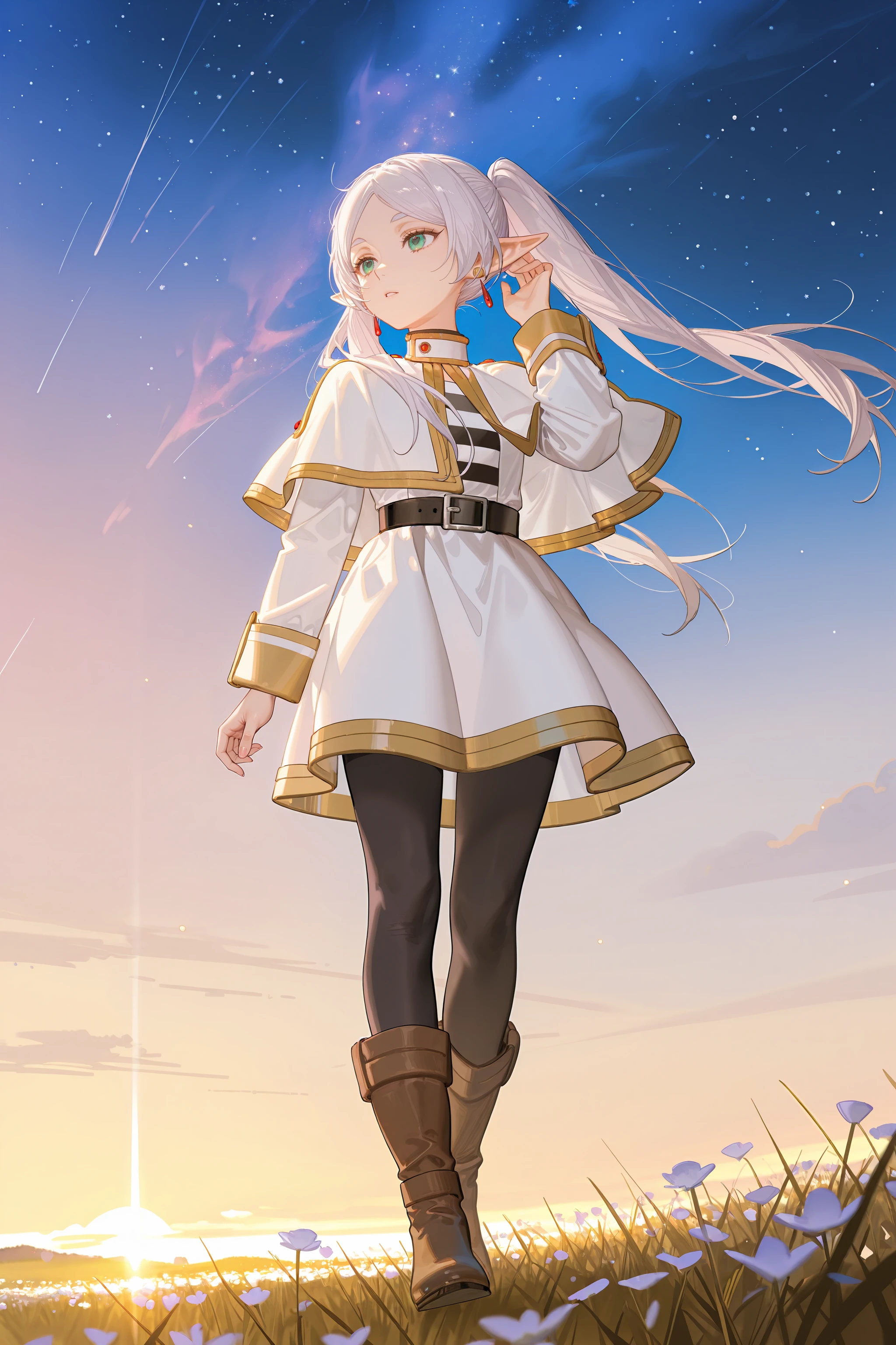 1girl, frieren, solo, twintails, earrings, black pantyhose, black belt, capelet, white skirt set, striped shirt, white jacket, brown boots, full body, standing, hand in own hair, floating hair, parted lips, expressionless, from below, meadow, sunset, starry sky, outdoors <lora:Char-Frieren-IL-V1:0.8:hr=0.6>, ciloranko, alphonse \(white datura\), ask \(askzy\), gomzi, you shimizu
masterpiece, best quality, amazing quality, very aesthetic, absurdres, newest, (scenery, volumetric lighting), ray tracing, (bloom:1.4), cinematic
