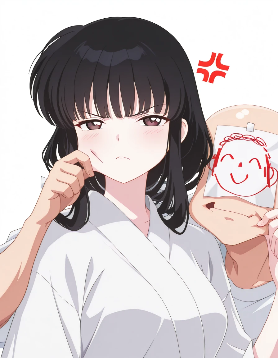 masterpiece, best quality, amazing quality,, <lora:inuyasha-kikyou-anime-illustriousxl-lora-nochekaiser:1>, kikyou, long hair, black hair, brown eyes, sidelocks, himecut, mature female, medium breasts, anime screencap, <lora:mutual-cheek-pinching-illustriousxl-lora-nochekaiser:1>, mutual cheek pinching, blush, closed mouth, frown, anger vein, angry, pinching, cheek pinching, hetero, looking at another, <lora:doodle-sensei-illustriousxl-lora-nochekaiser:1>, doodle sensei, doodle sensei (blue archive), sensei (blue archive), mask, bald,, <lora:transparent-background-illustriousxl-lora-nochekaiser:1>, transparent background, simple background, white background