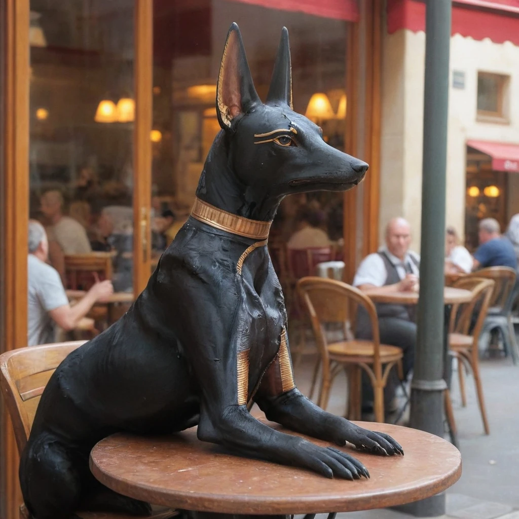 Anubis <lora:Anubis shrine:1> sitting at a french cafe