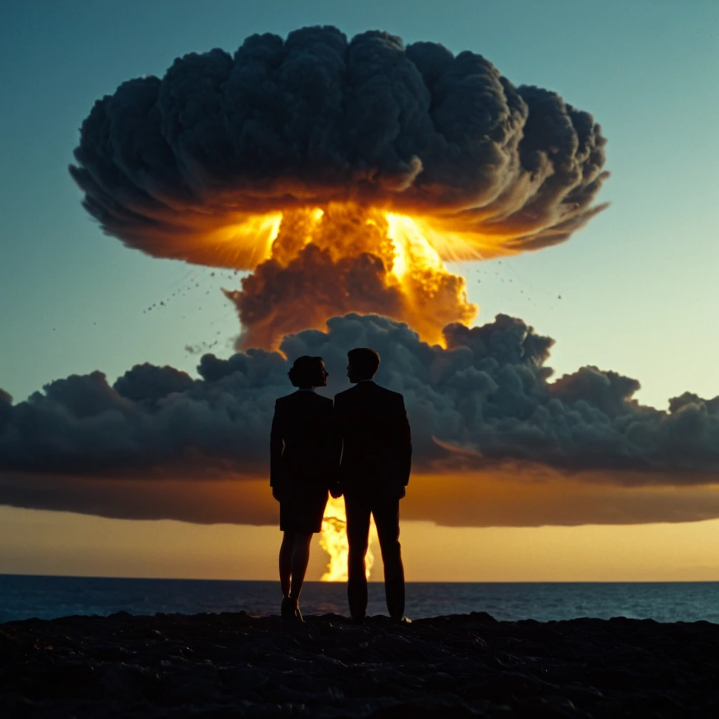 cinematic film still of <lora:warm light style pony v1:1>
3200k, A beautiful cinematic warm light scene of a, silhouetted couple embracing standing in front of a nuclear explosion, golden hour, movie themed, sharp, detailed, epic cinematic photography cinematography style, artistic, dramatic light, cinematic color style, Kodak, 35mm film style, 3200k lighting style, warm light style, 1girl, 1boy, standing, scenery, short hair, outdoors, multiple boys, sky, cloud, 2boys, suit, couple, silhouette, from behind, wide shot, planet, black hair, ocean, horizon, solo, shallow depth of field, vignette, highly detailed, high budget, bokeh, cinemascope, moody, epic, gorgeous, film grain, grainy