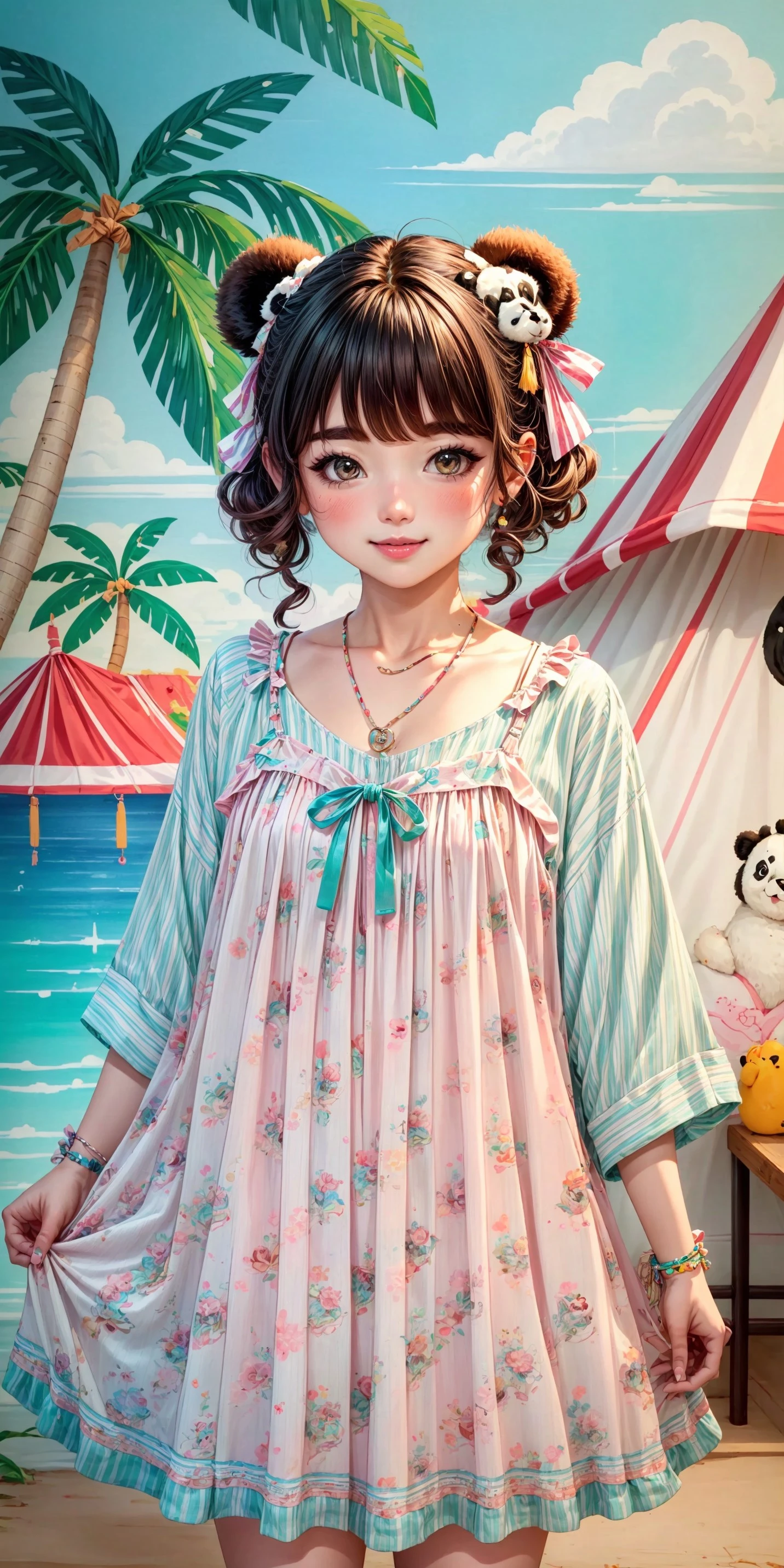 (front facing, facing viewer) 1girl, blush, full face blushing, smile, vertical stripes, colorful red vertical striped overlays, plaid, bright aqua chest ribbon, white lace-trimmed hemline, cute tropical panda print spaghetti straps, frilled spaghetti straps, cute tropical panda print, animal print, print dress, ((cute tropical panda print on colorful tent_dress)), oversized clothes, baggy clothes, dress, light pink, aqua, white, and green colorful cute tropical panda print tent_dress, <lora:more_details:0.7>, <lora:scene_:0.5>, <lora:FashionComplexityEnhancerLORAv1:0.4>, <lora:f89224ec-2955-49ca-b410-729821bc6e88:0.6>, <lora:96073874-f082-4683-942e-601cecac5c40:0.3>, <lora:f7d08feb-f21d-42d0-9ef1-a9481867524d:0.3>, <lora:5844635f-c9c3-4f9e-85c4-d0d40f201159:0.3>, <lora:dde4416e-9f24-48d4-a965-d989baea5d73:0.2>, ,