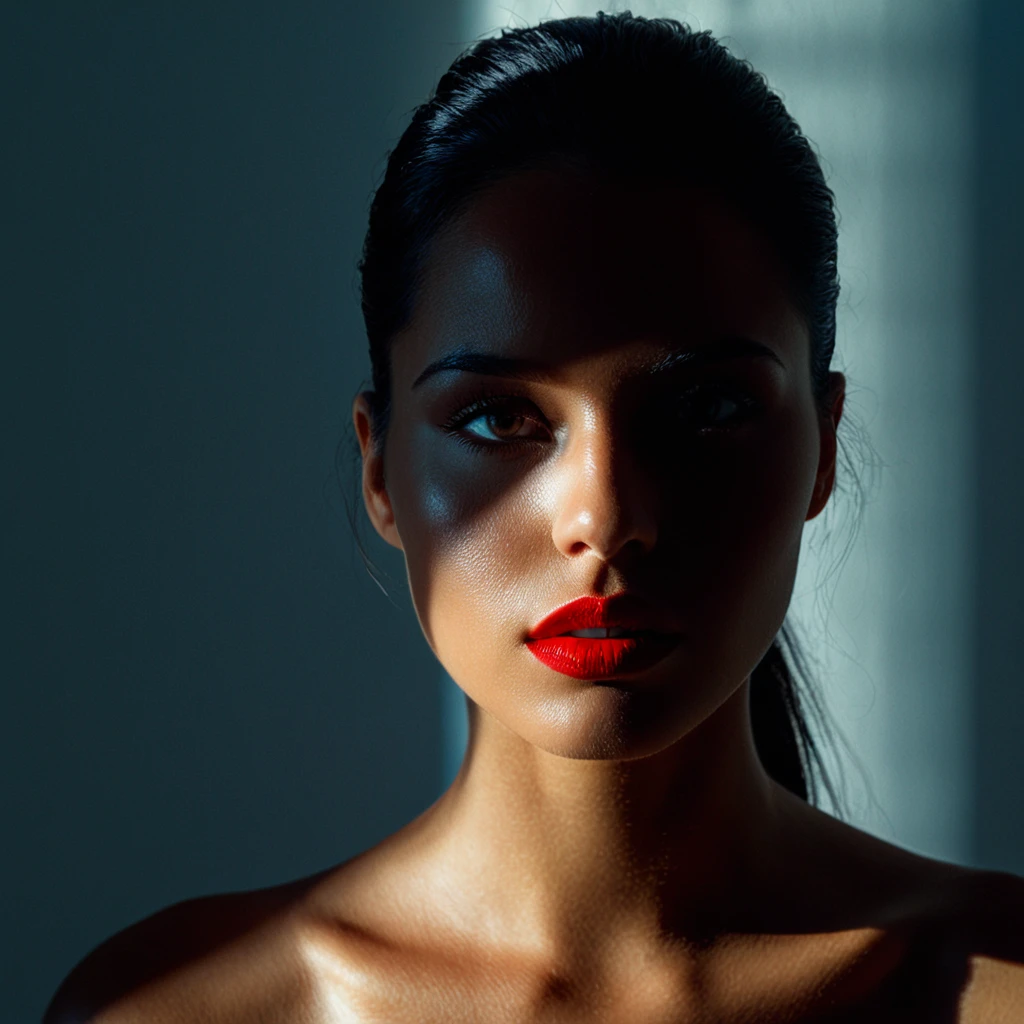 UHD, 4k, ultra detailed, cinematic, a photograph of <lora:Split Lighting style pony v1:1>
Split Lighting Photography of a woman with a shadow light split covering her face,1girl,solo,black hair,bare shoulders,upper body,lips,red lips ,realistic , realistic, realism, photorealism, hyperrealism, hyperrealistic, realistic, sharp, detailed, cinematography style, film light style, movie still, professional photography, artistic, perfection, contrast, cinematic, filmic, high quality photo, 8k quality, colorful, partially covered in shadow, dark shadow, split light, side light, Split Lighting Photography style, epic, beautiful lighting, inpsiring