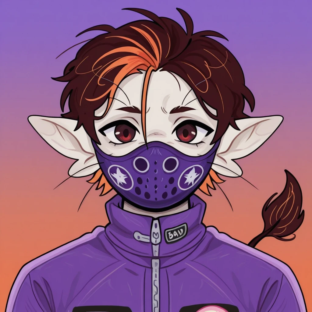 <lora:blandboyx:1.2> blandboyx
<lora:Ariral:1> 4r1r4l, whiskers, ariral ears, tail
1boy, solo, dark orange hair, purple clothes, dark red eyes, pale skin, Balaclava ski mask, BREAK, two-tone_hair