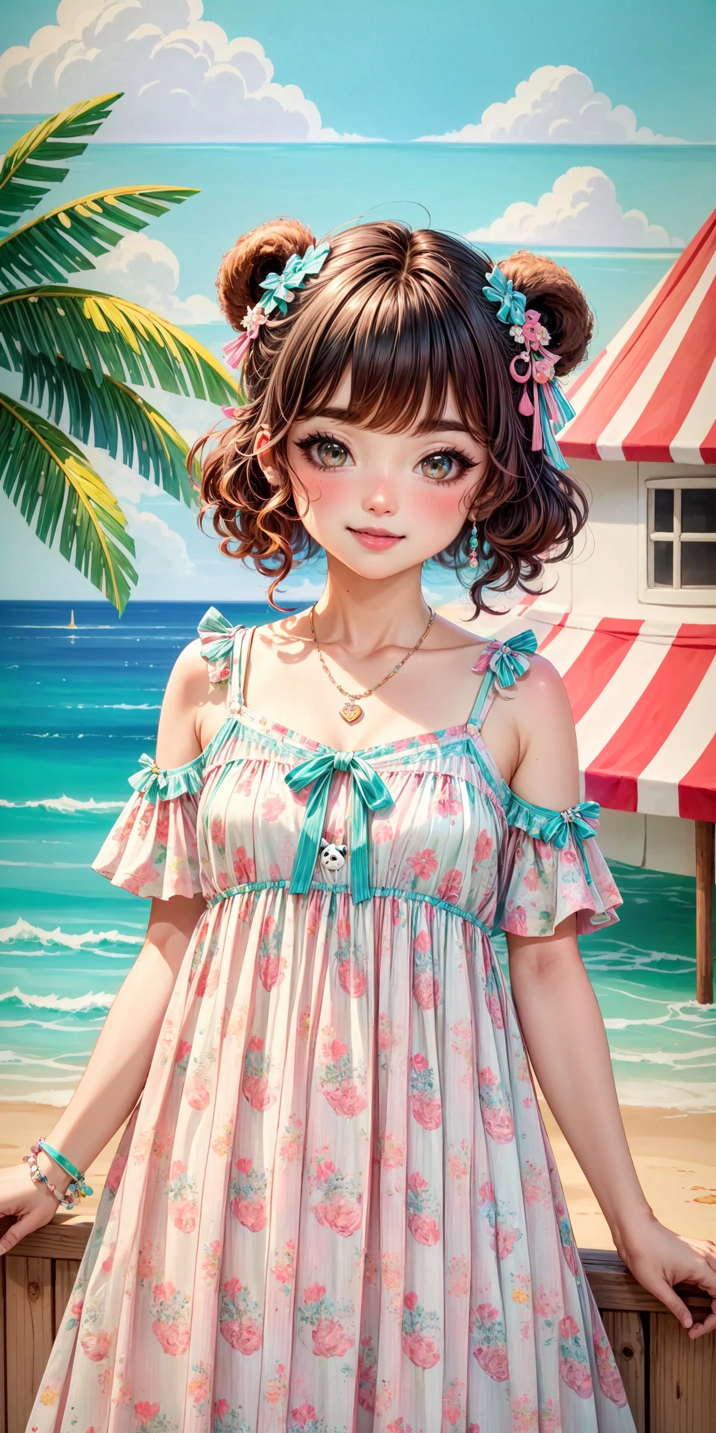 (front facing, facing viewer) 1girl, blush, full face blushing, smile, light pink aqua white and green colorful cute tropical panda print tent_dress, dress, multicolored_clothes, baggy clothes, oversized clothes, print dress, animal print, cute tropical panda print, (cute tropical print on colorful tent_dress), frilled spaghetti straps, cute tropical panda print spaghetti straps, white lace-trimmed hemline, bright aqua chest ribbon, plaid, colorful red vertical striped overlays, vertical stripes, <lora:more_details:0.7>, <lora:scene_:0.5>, <lora:FashionComplexityEnhancerLORAv1:0.4>, <lora:f89224ec-2955-49ca-b410-729821bc6e88:0.6>, <lora:96073874-f082-4683-942e-601cecac5c40:0.3>, <lora:f7d08feb-f21d-42d0-9ef1-a9481867524d:0.3>, <lora:5844635f-c9c3-4f9e-85c4-d0d40f201159:0.3>, <lora:dde4416e-9f24-48d4-a965-d989baea5d73:0.2>, ,