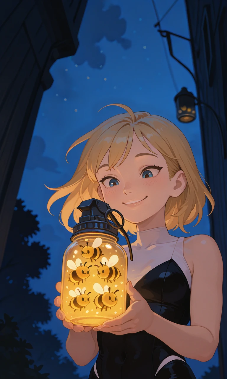 embedding:IllusP0s, g00se, no lineart, night, outdoors, 1girl, close-up, smile, contrast lighting, loving, front view, looking down, low angle, from below, gwen stacy_\(spiderman\), bee grenade jar, holding,<lora:bee grenade jar_illustrious.safetensors:1.0:1.0> <lora:g00se_v3_ill.safetensors:1:1>