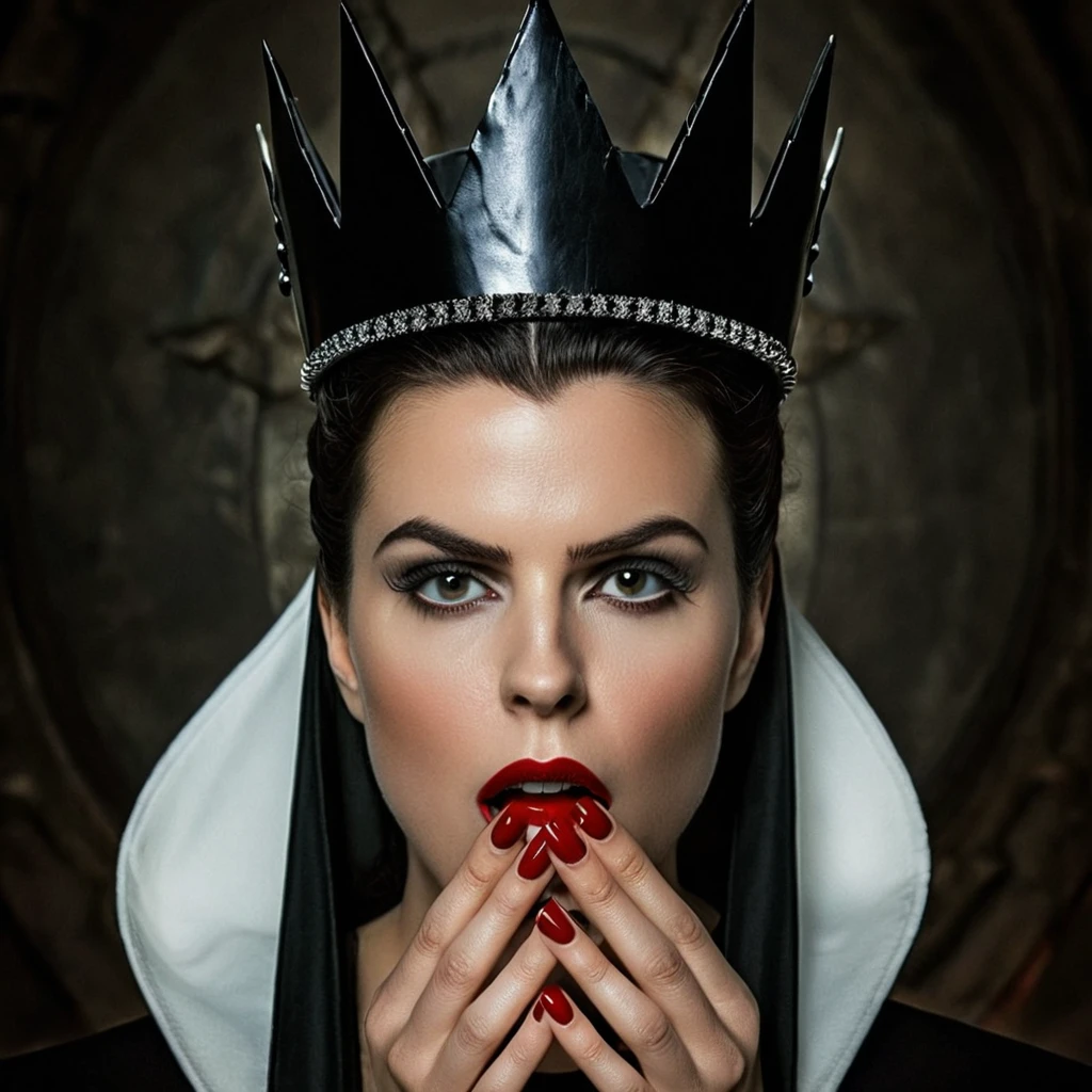 Dark Fantasy Art of <lora:Evil Queen pony v1:1>
Evil Queen a sinister woman staring to the camera with her mouth open and her polished red nails up while wearing a black crown on top of her head in 1500s 15th century, 1girl, solo, looking at viewer, nail polish, lips, makeup, crown, lipstick, realistic, nun, dark, moody, dark fantasy style