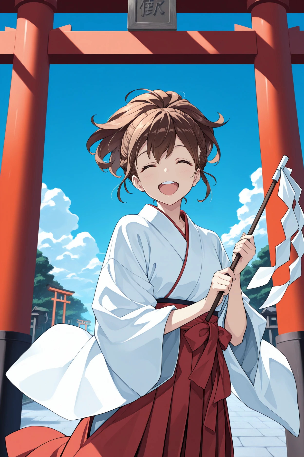 masterpiece, best quality, 1girl, solo, <lora:senomiyaakiho-illu-nvwls-v1-000006:1> snmak, brown hair, short ponytail, white kimono, red hakama skirt, wide sleeves, holding gohei, torii, blue sky, looking at viewer, happy, upper teeth only, closed eyes