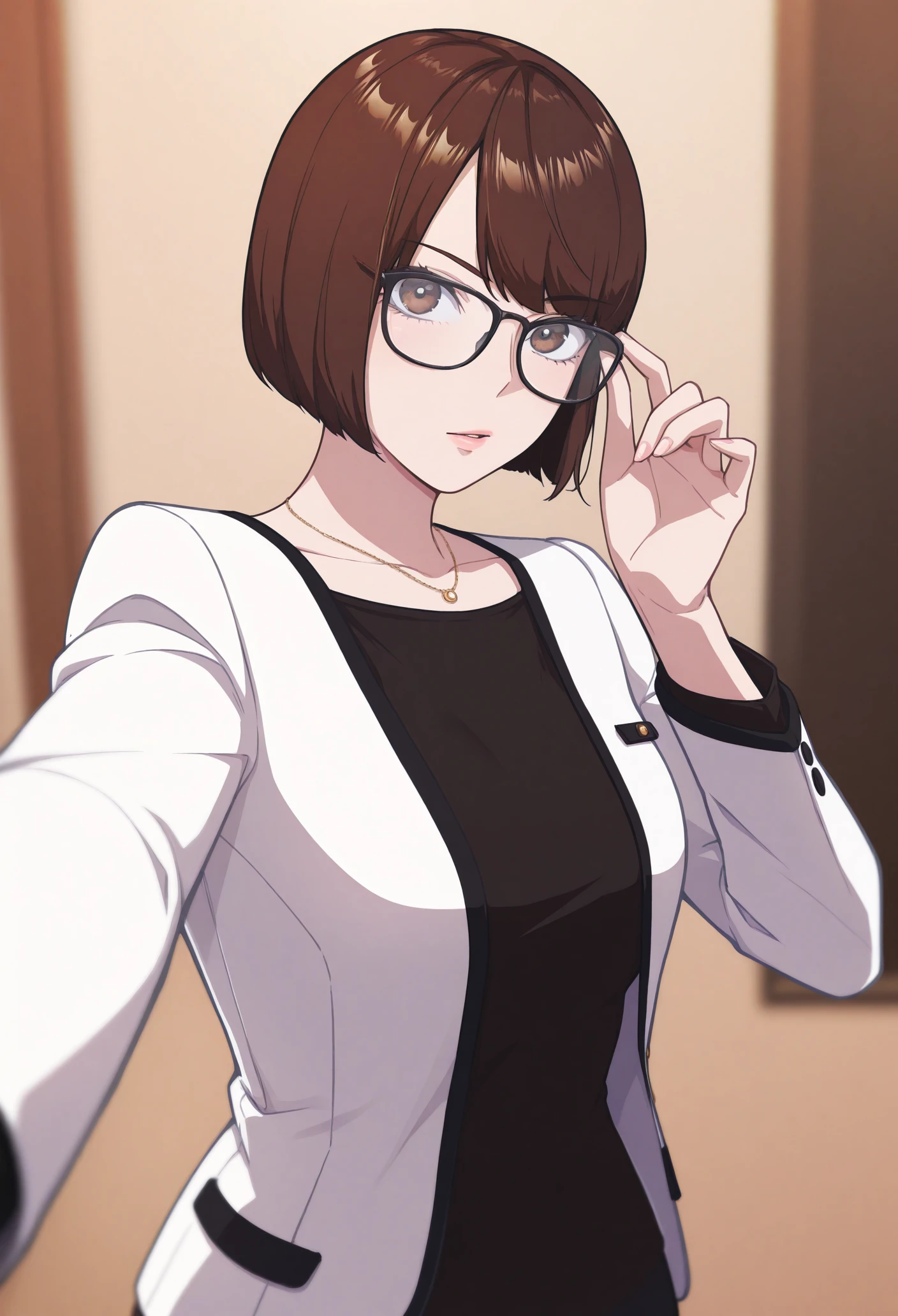 1girl, solo, glasses, adjusting eyewear, finger on eyewear, blurry background, foreshortening, looking at viewer,
short hair, brown hair, bob cut, brown eyes, necklace, long sleeves, white jacket, black shirt, formal,
masterpiece, best quality, <lora:studygroup-guy90-Illust-Lorav101:1>, puouts, <lora:mukoda_saeko-guy90-Illust-LoraV102:1>, okekum