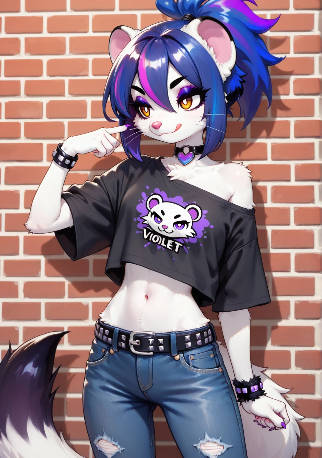 masterpiece,best quality,amazing quality, smari4, 1girl, solo, furry female, pink nose, whiskers, shiny hair, white fur, amber eyes, white pupils, eyeshadow, eyeliner, thick eyebrows, (short hair, sidelocks, hair between eyes, blue hair, violet hair, streaked hair, cyan streaks, high ponytail, violet streaks, highlights), white body fur, body fur, weasel tail, black ear tips, white tail, black tail tip, heart choker, paws, small claws, purple claws, skinny, narrow waist, midriff, navel, portrait, red brick wall, smirk, :q, black shirt, off shoulders, print shirt, studded bracelets, denim pants, studded belt, hand gesture, hand up