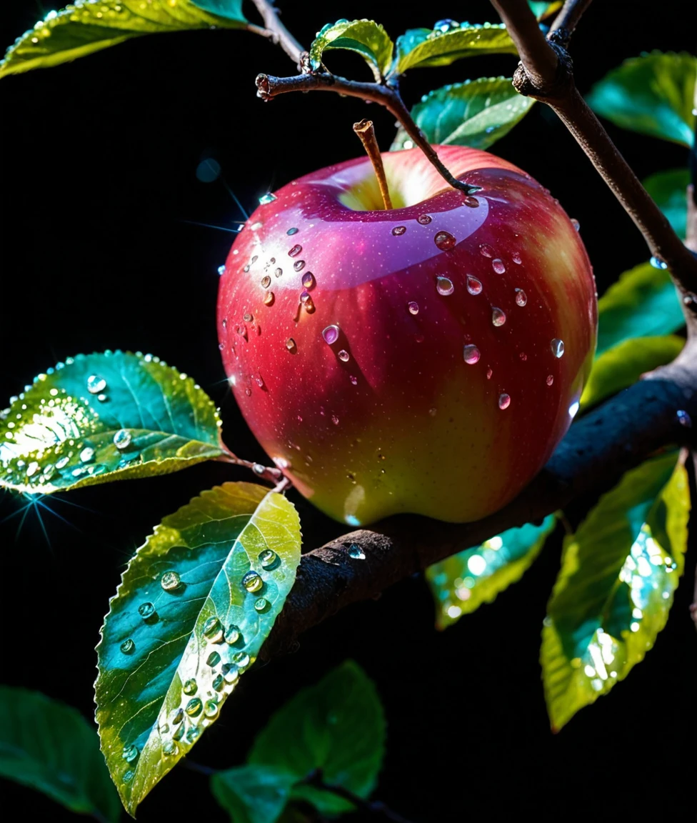 a delicate apple made of opal hung on branch  in the early morning light, adorned with glistening dewdrops. in the background beautiful valleys, divine iridescent glowing, opalescent textures, volumetric light, ethereal, sparkling, light inside body, bioluminescence, studio photo, highly detailed, sharp focus