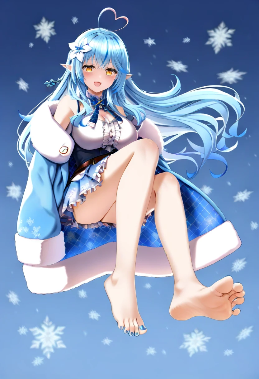 1girl, virtual youtuber, yukihana lamy, solo, pointy ears, blue hair, long hair, barefoot, ahoge, heart ahoge, toenails, nail polish, feet, hair ornament, yellow eyes, blue nails, flower, hair flower, breasts, toenail polish, looking at viewer, toes, multicolored hair, heart, blue skirt, skirt, streaked hair, smile, bangs, bare legs, frills, blush, colored tips, open mouth, hair between eyes, blue bowtie, fur trim, legs, frilled skirt, elf, blue coat, white shirt, coat, full body, large breasts, snowflake print, shirt, blue bow, bowtie, soles, off shoulder, :d, cleavage, blue background, white flower, bow, fur-trimmed coat, center frills, snowflakes, very long hair <lora:casinoepXL_il_lokr_V6311P:0.95>