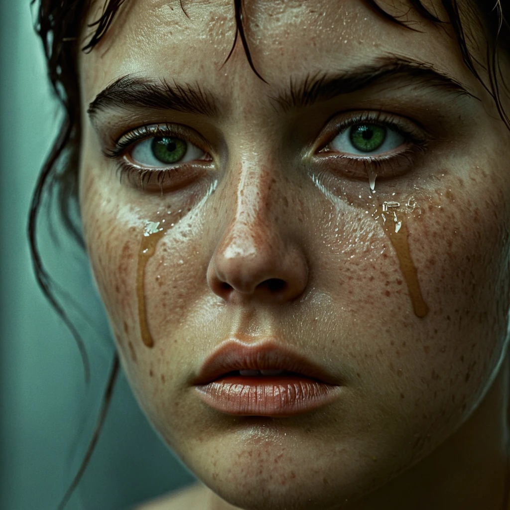Dystopian style, <lora:crying illu v1:0.9>
crying style, eye tears of a man with a wet face and a baby, 1girl, solo, looking at viewer, brown hair, green eyes, lips, close-up, freckles, realistic, emotional tears, sob, sadness, wrinkly, dramatic movie themed, sharp, detailed, epic cinematic photography, artistic, dramatic light, cinematic color style, Kodak film style, tears style, short hair, simple background, portrait, photorealistic, Bleak, post-apocalyptic, somber, dramatic, highly detailed