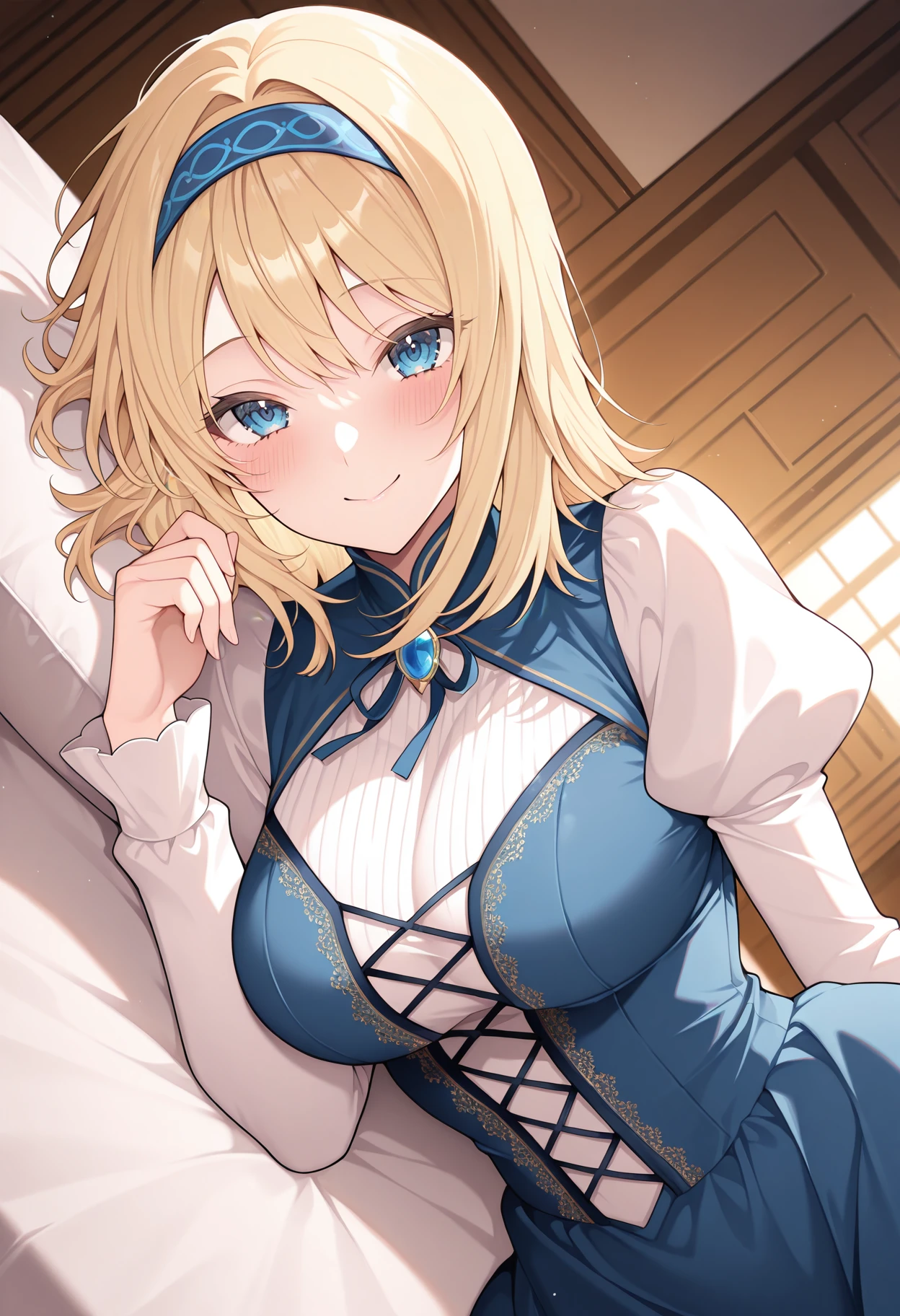 Fille, blonde, cheveux longs, yeux bleus.