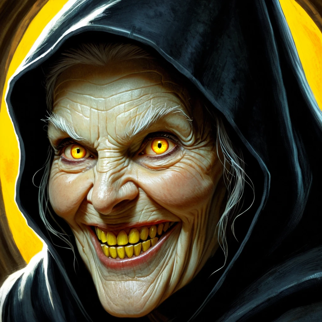 comic book art of <lora:Evil Queen pony v1:0.9>
Wicked Witch an extreme closeup shot of a creepy looking old evil witch woman in a hoodie with yellow glowing eyes smilin while staring at camera with rusty white teeth 1500s 15th century, solo, looking at viewer, smile, black hair, 1boy, yellow eyes, male focus, teeth, grin, lips, portrait, close-up, realistic, glowing yellow eyes, wicked smile, old woman, wrinkles
, comic art, graphic novel illustration