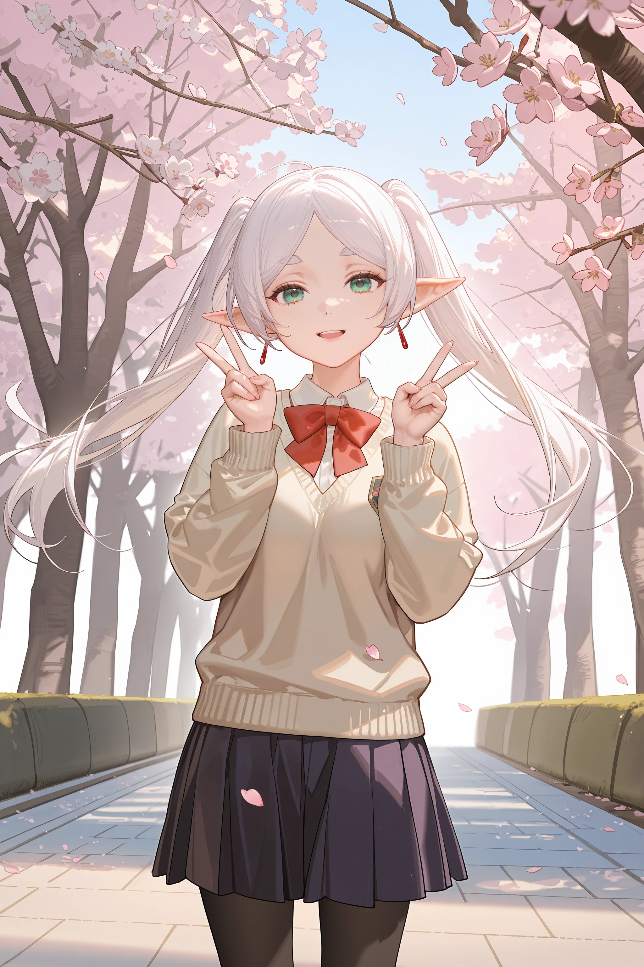 1girl, frieren, twintails, solo, school uniform, white collared shirt, sweater, pleated skirt, pantyhose, light smile, double v, looking at viewer, smile, open mouth, outdoors, street, cherry blossoms, petals, depth of field <lora:Char-Frieren-IL-V1:0.8:hr=0.6>, ciloranko, alphonse \(white datura\), ask \(askzy\), gomzi, you shimizu
masterpiece, best quality, amazing quality, very aesthetic, absurdres, newest, (scenery, volumetric lighting), ray tracing, (bloom:1.4), cinematic