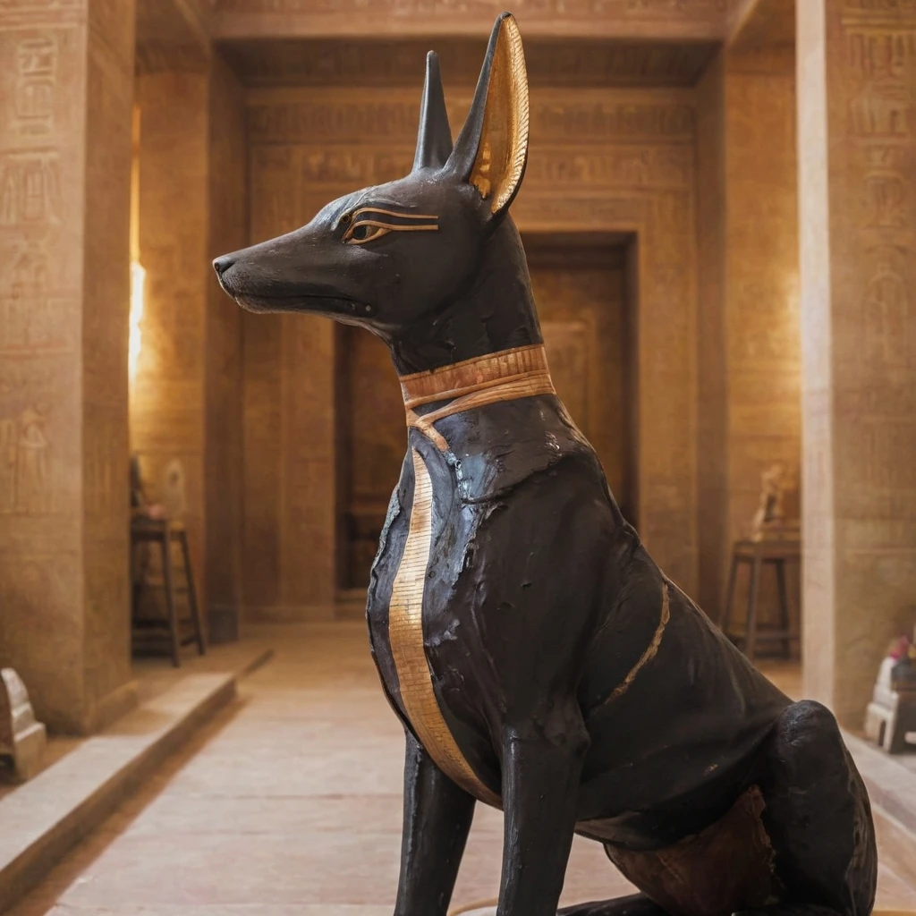 Anubis <lora:Anubis shrine:1> standing proudly inside an egyptian temple